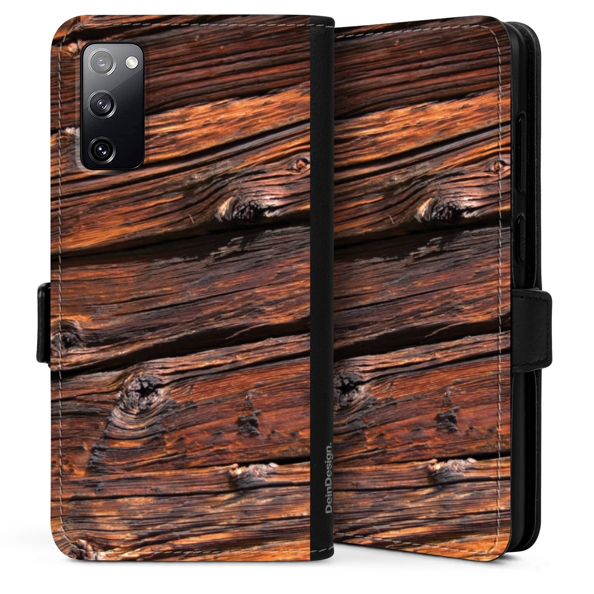 Galaxy S20 Handy Klapphülle Handyhülle aus Kunst Leder schwarz Flip Case Beams Wooden Look Wood Sideflip mit Lasche