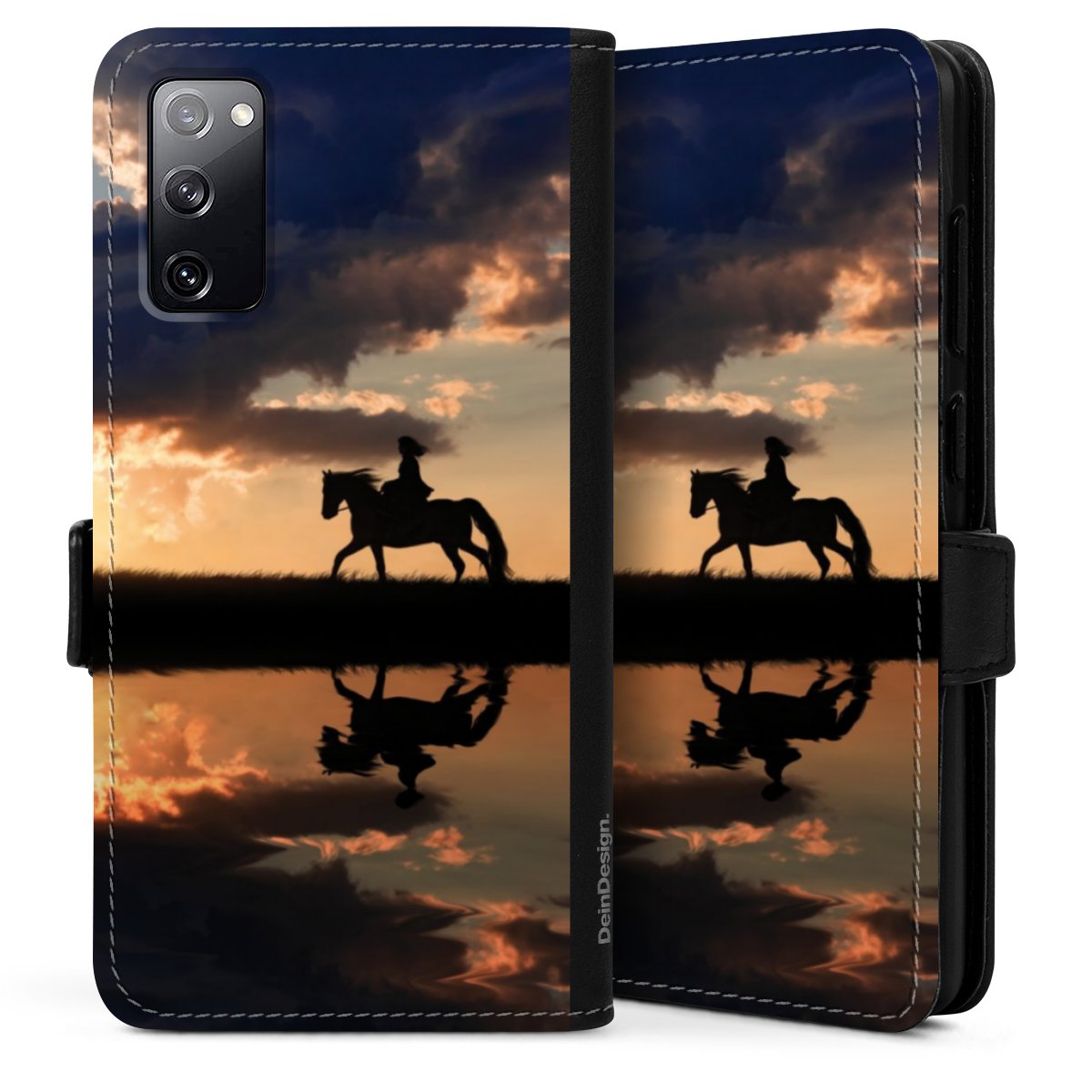 Galaxy S20 Handy Klapphülle Handyhülle aus Kunst Leder schwarz Flip Case Horse Sunset Horseback Riding Sideflip mit Lasche