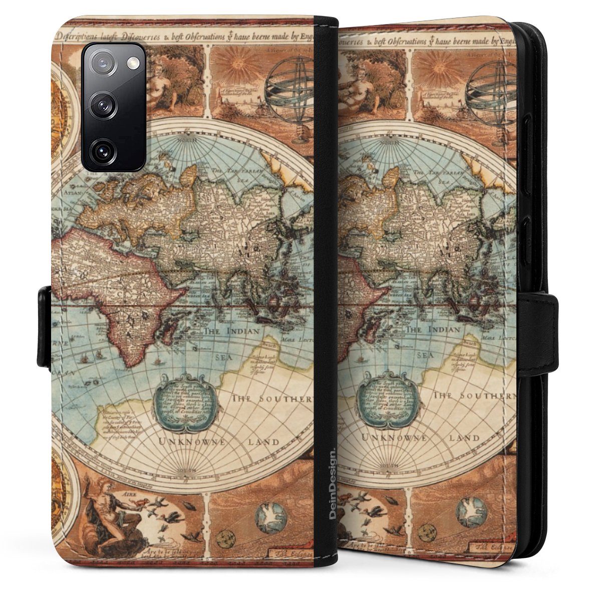 Galaxy S20 Handy Klapphülle Handyhülle aus Kunst Leder schwarz Flip Case World Map Vintage Map Sideflip mit Lasche