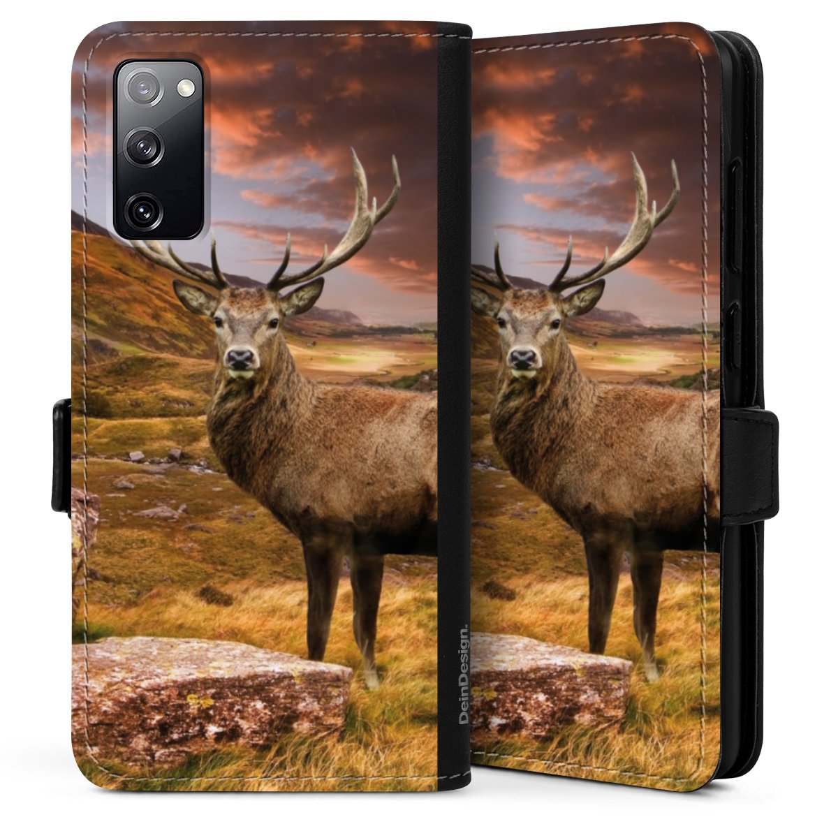 Galaxy S20 Handy Klapphülle Handyhülle aus Kunst Leder schwarz Flip Case Meadow Mountain Deer Sideflip mit Lasche