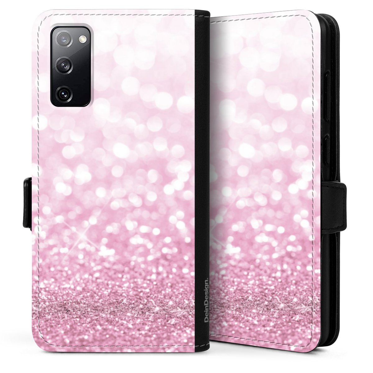 Galaxy S20 Handy Klapphülle Handyhülle aus Kunst Leder schwarz Flip Case Glitzer Pink Shine Sideflip mit Lasche