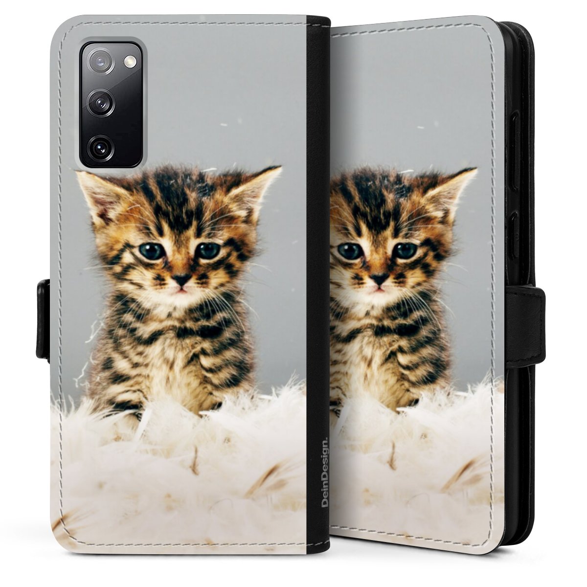 Galaxy S20 Handy Klapphülle Handyhülle aus Kunst Leder schwarz Flip Case Cat Feather Pet Sideflip mit Lasche