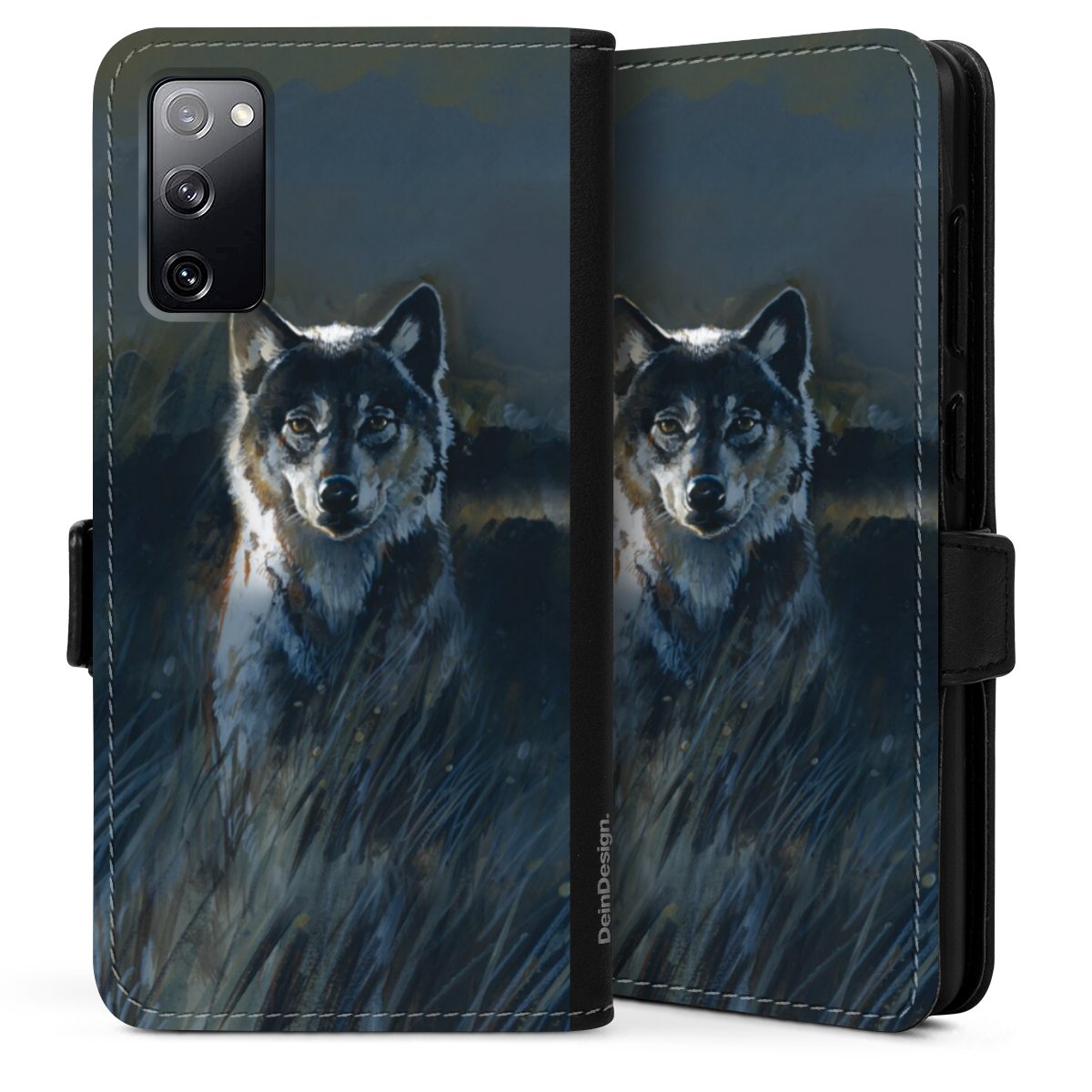 Galaxy S20 Handy Klapphülle Handyhülle aus Kunst Leder schwarz Flip Case Nature Wolf Painting Sideflip mit Lasche