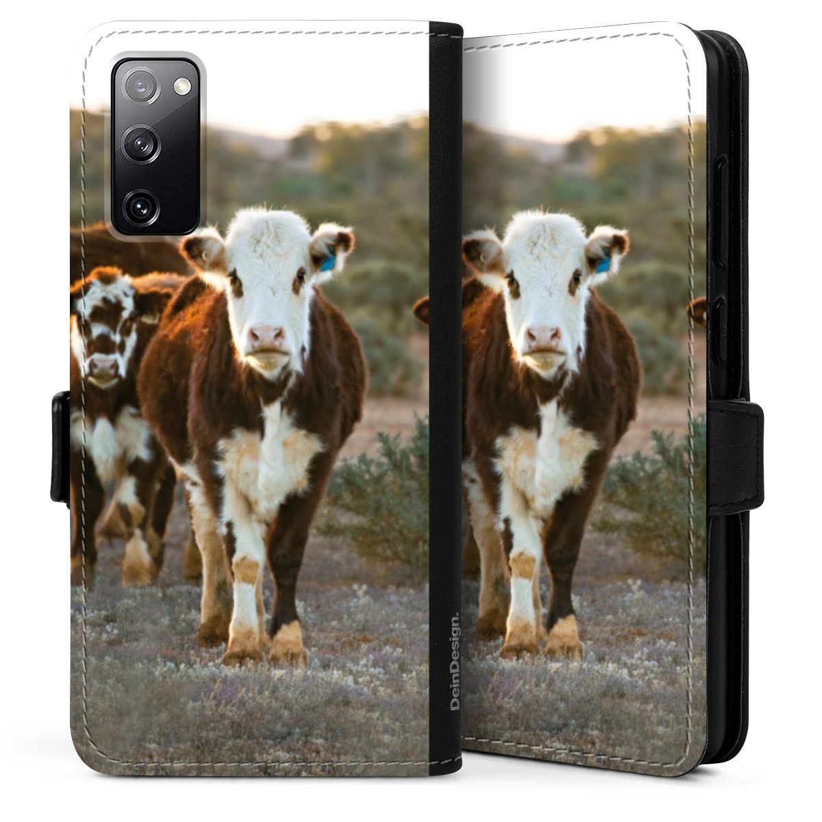 Galaxy S20 Handy Klapphülle Handyhülle aus Kunst Leder schwarz Flip Case Cow Farmer Calf Sideflip mit Lasche