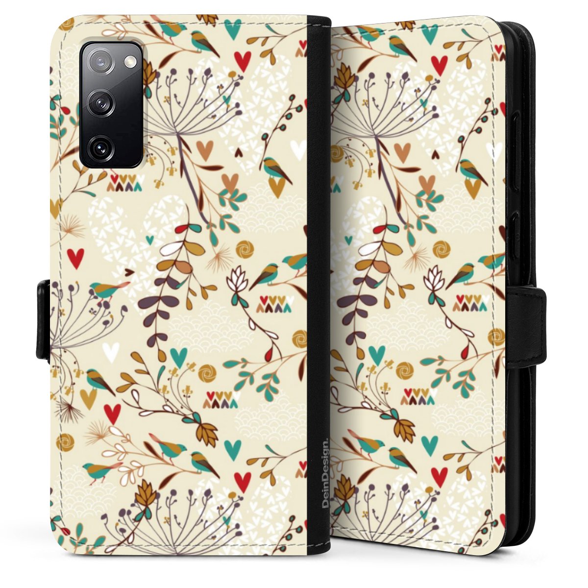 Galaxy S20 Handy Klapphülle Handyhülle aus Kunst Leder schwarz Flip Case Bird Flowers Retro Sideflip mit Lasche