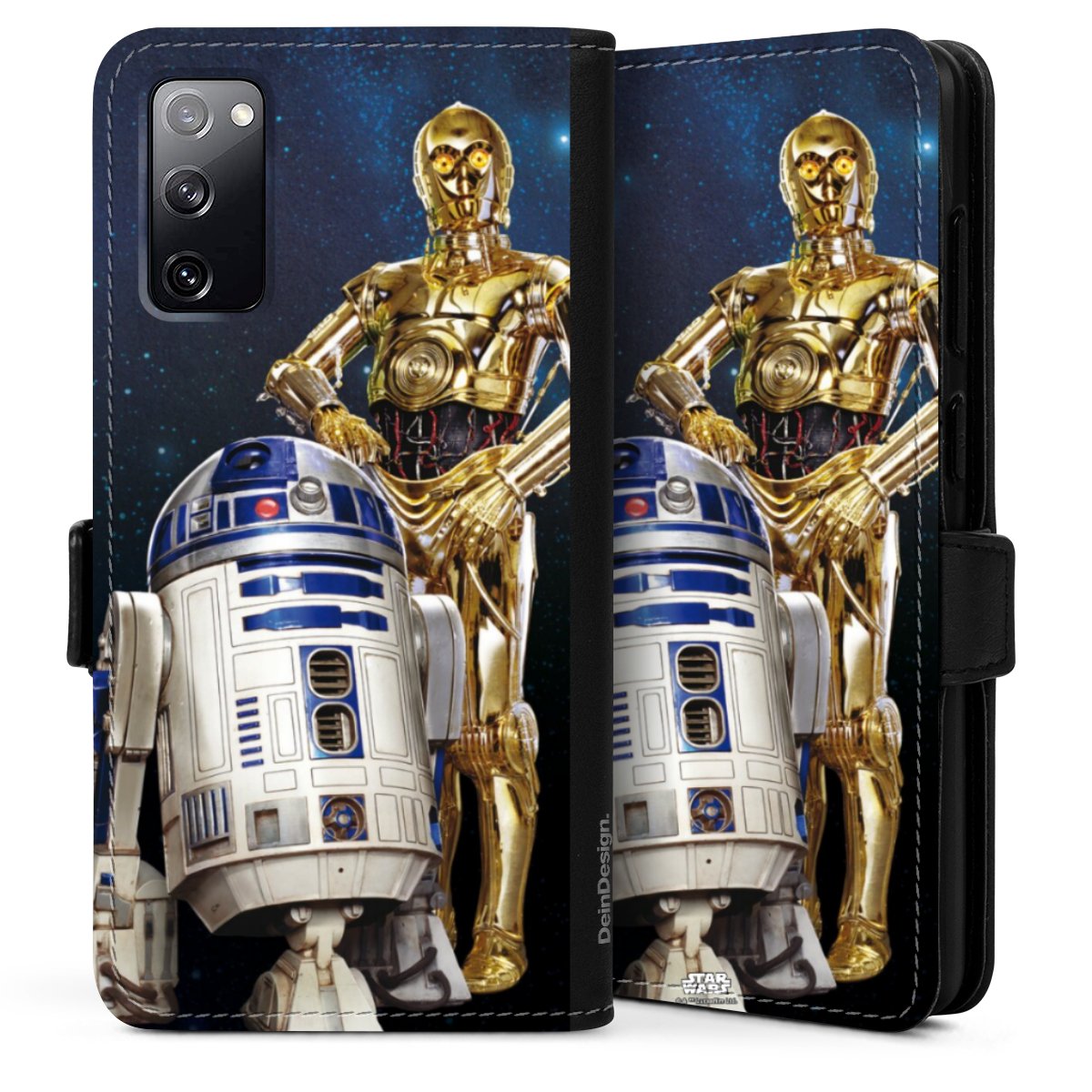 Galaxy S20 Handy Klapphülle Handyhülle aus Kunst Leder schwarz Flip Case Weltall Star Wars R2d2 Sideflip mit Lasche