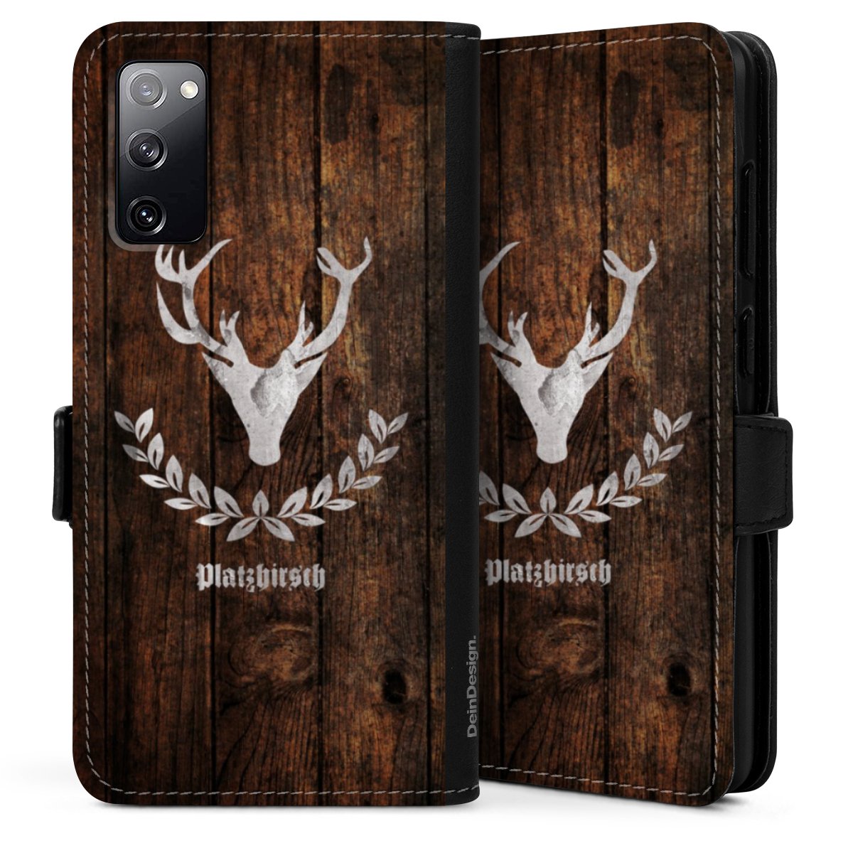 Galaxy S20 Handy Klapphülle Handyhülle aus Kunst Leder schwarz Flip Case Deer Wood Wooden Look Sideflip mit Lasche