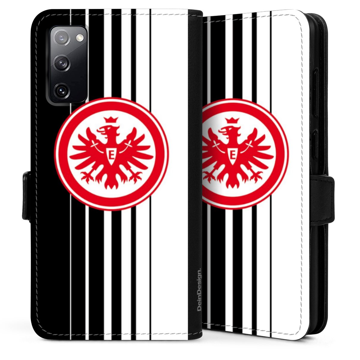 Galaxy S20 Handy Klapphülle Handyhülle aus Kunst Leder schwarz Flip Case Stripes Eintracht Frankfurt Official Licensed Product Sideflip mit Lasche