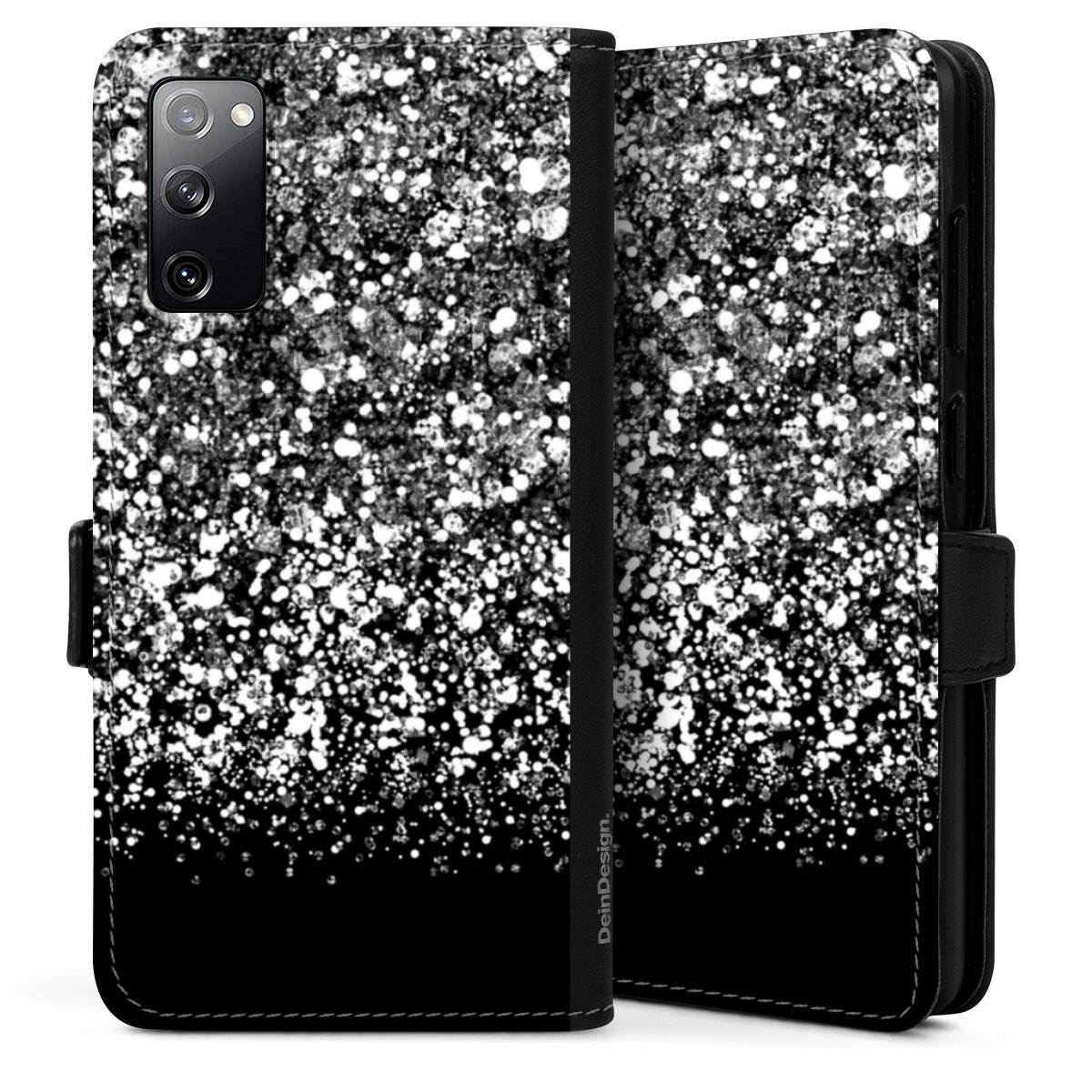 Galaxy S20 Handy Klapphülle Handyhülle aus Kunst Leder schwarz Flip Case Glitzer Snowflake Muster Sideflip mit Lasche