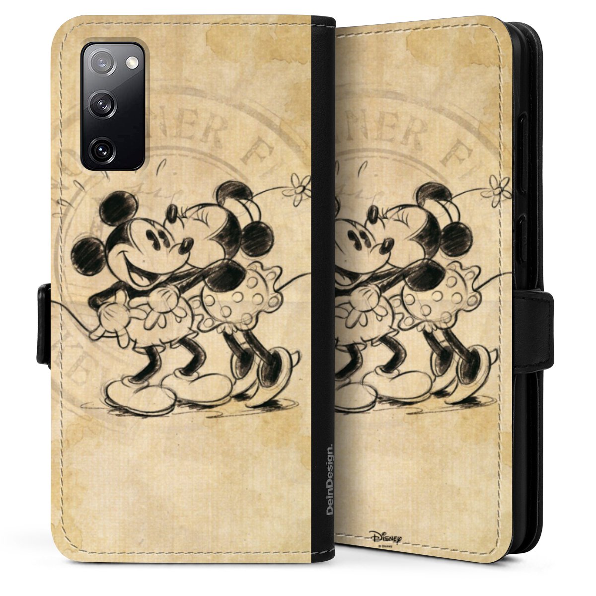 Galaxy S20 Handy Klapphülle Handyhülle aus Kunst Leder schwarz Flip Case Mickey Mouse Vintage Minnie Mouse Sideflip mit Lasche