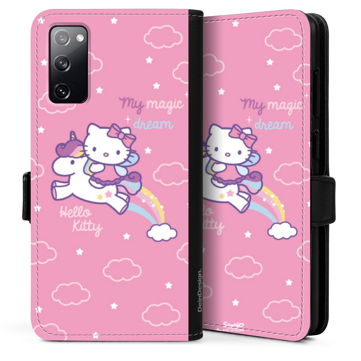 Galaxy S20 Handy Klapphülle Handyhülle aus Kunst Leder schwarz Flip Case Einhorn Official Licensed Product Hello Kitty Sideflip mit Lasche