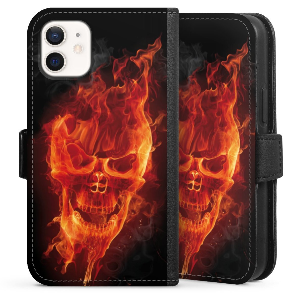 iPhone 12 mini Handy Klapphülle Handyhülle aus Kunst Leder schwarz Flip Case Totenkopf Skull Fire Sideflip mit Lasche