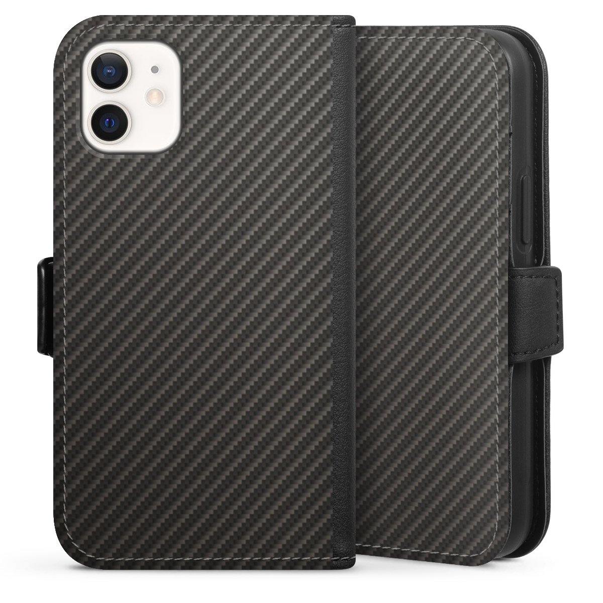 iPhone 12 mini Handy Klapphülle Handyhülle aus Kunst Leder schwarz Flip Case Metallic Look Carbon Muster Sideflip mit Lasche