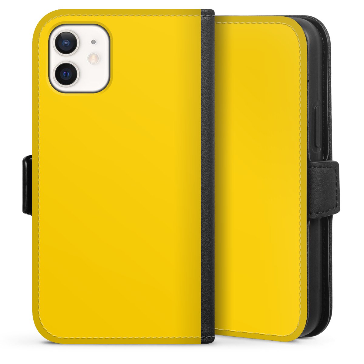 iPhone 12 mini Handy Klapphülle Handyhülle aus Kunst Leder schwarz Flip Case Yellow Unicoloured Colour Sideflip mit Lasche