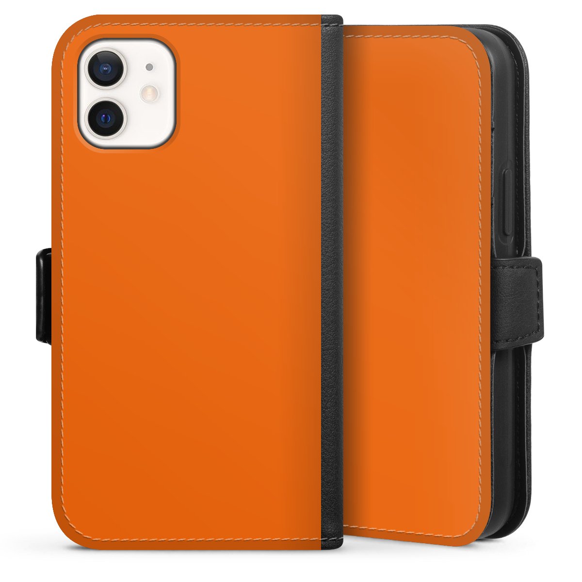 iPhone 12 mini Handy Klapphülle Handyhülle aus Kunst Leder schwarz Flip Case Orange Colour Unicoloured Sideflip mit Lasche