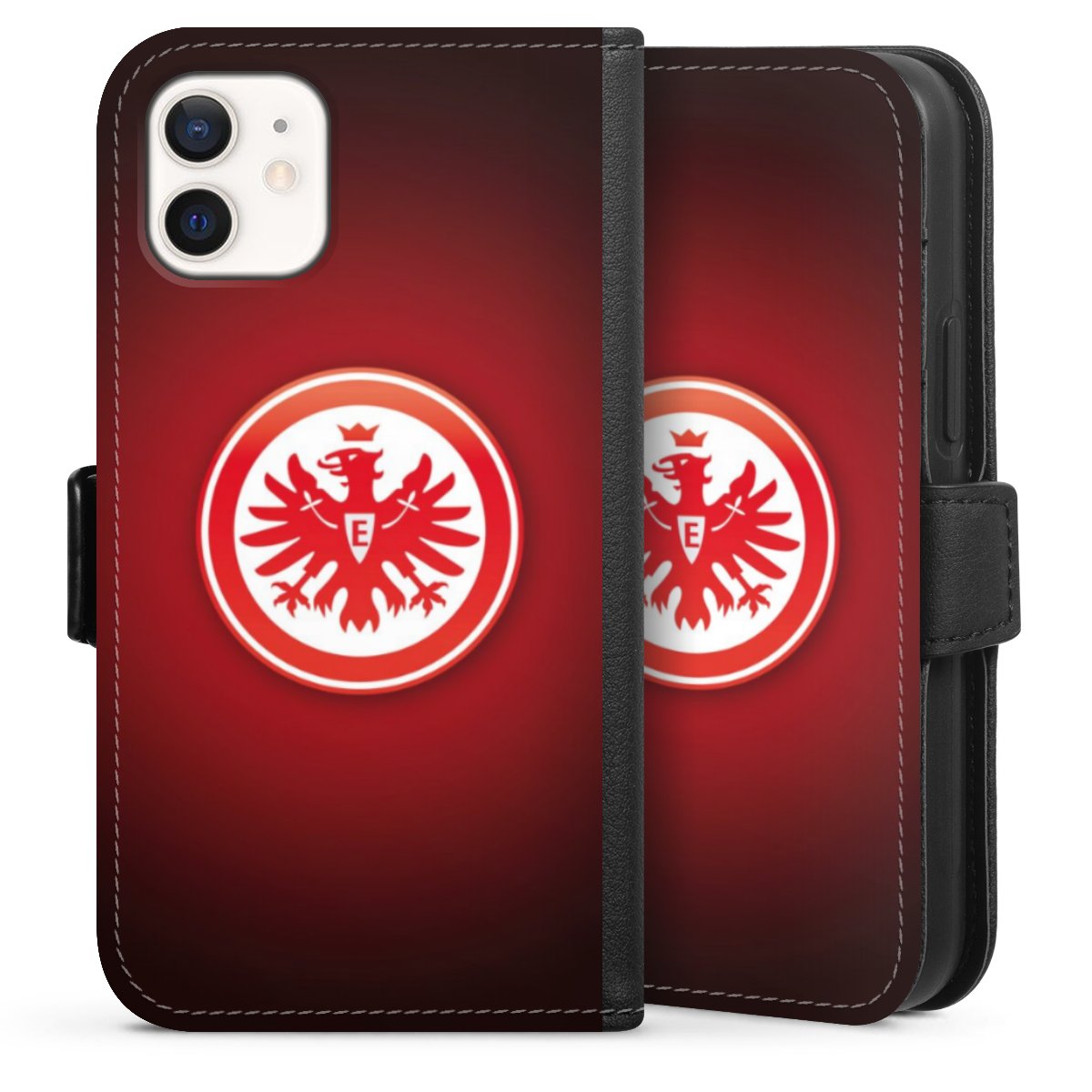 iPhone 12 mini Handy Klapphülle Handyhülle aus Kunst Leder schwarz Flip Case Eintracht Frankfurt Official Licensed Product Coat Of Arms Sideflip mit Lasche