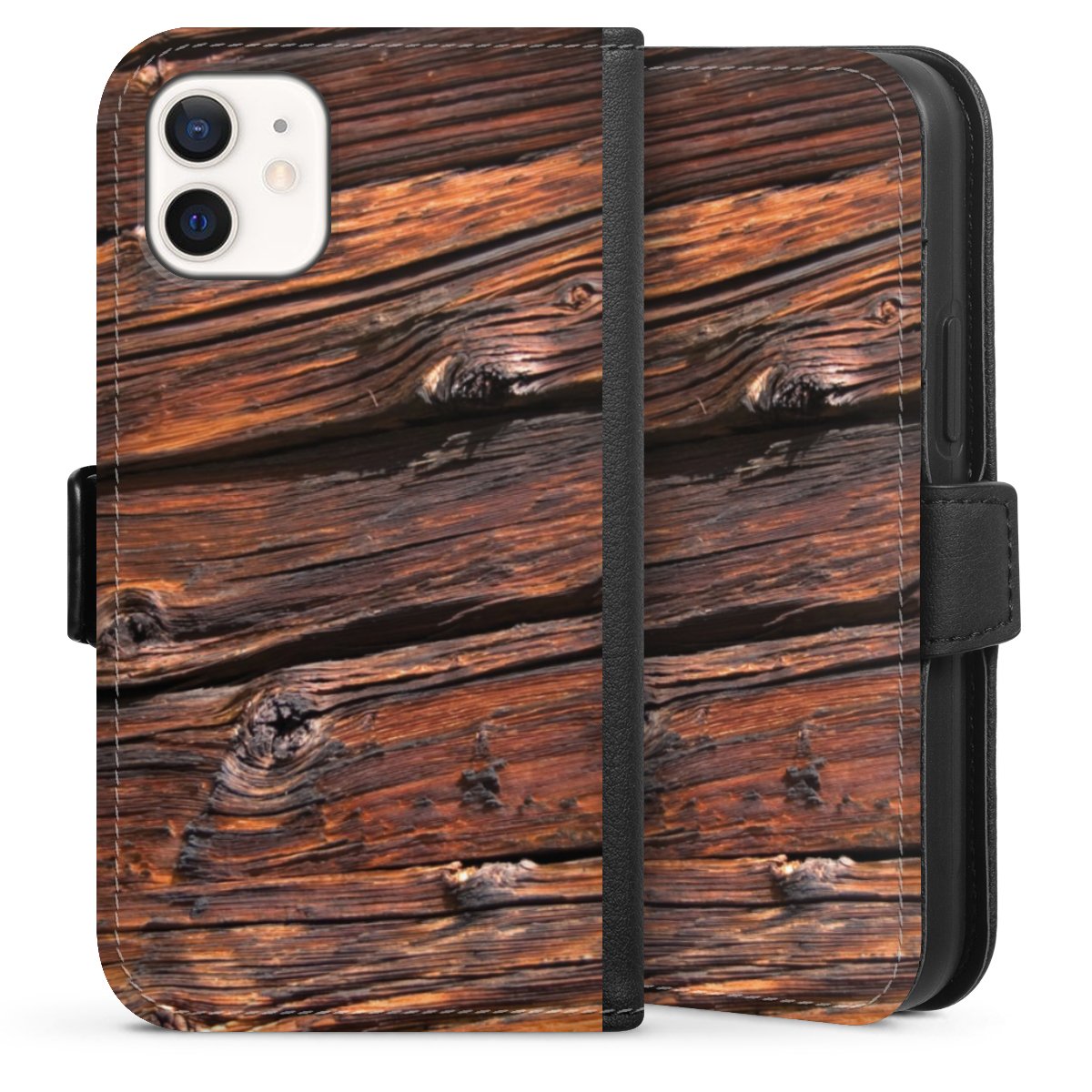 iPhone 12 mini Handy Klapphülle Handyhülle aus Kunst Leder schwarz Flip Case Beams Wooden Look Wood Sideflip mit Lasche