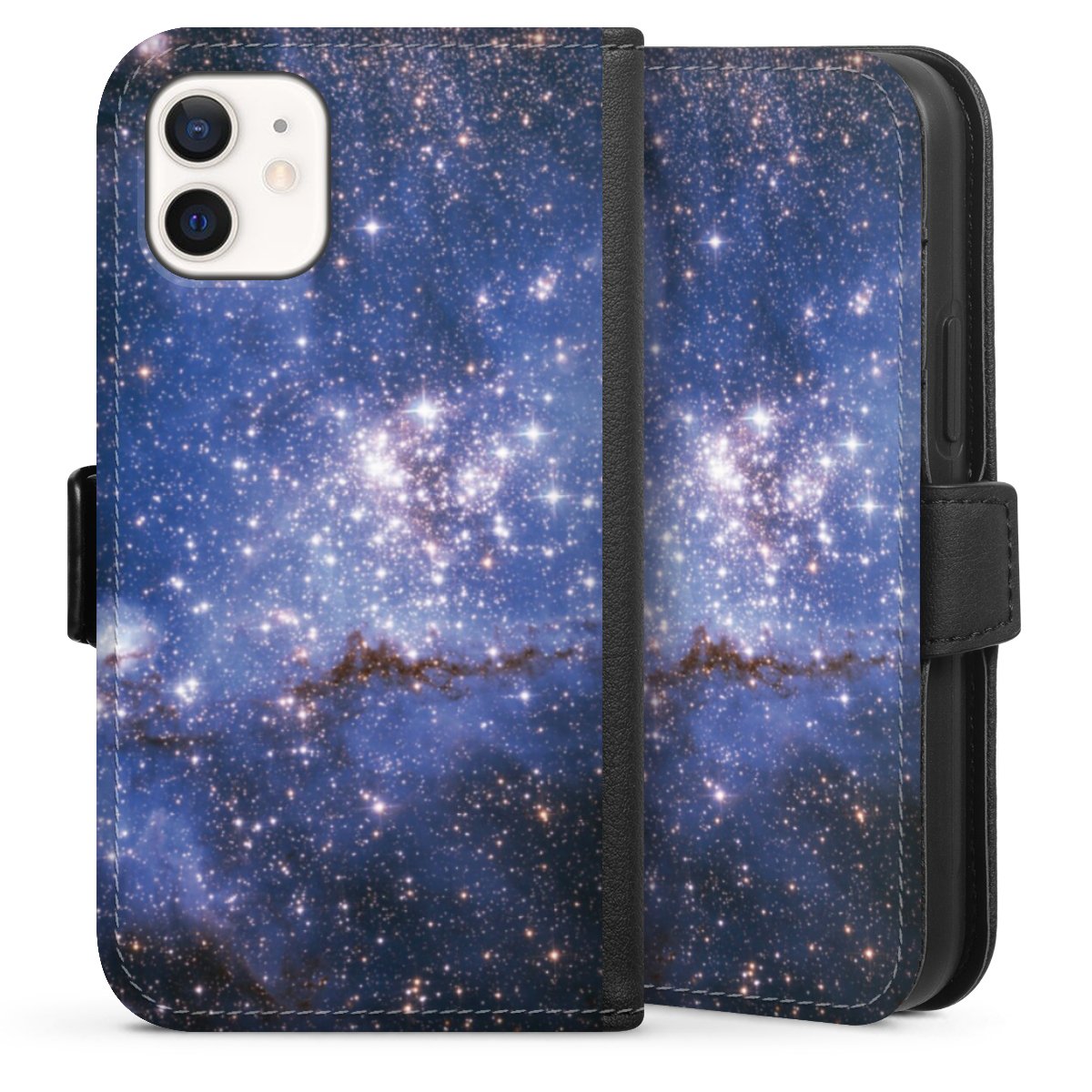 iPhone 12 mini Handy Klapphülle Handyhülle aus Kunst Leder schwarz Flip Case Weltall Galaxy Weltraum Sideflip mit Lasche