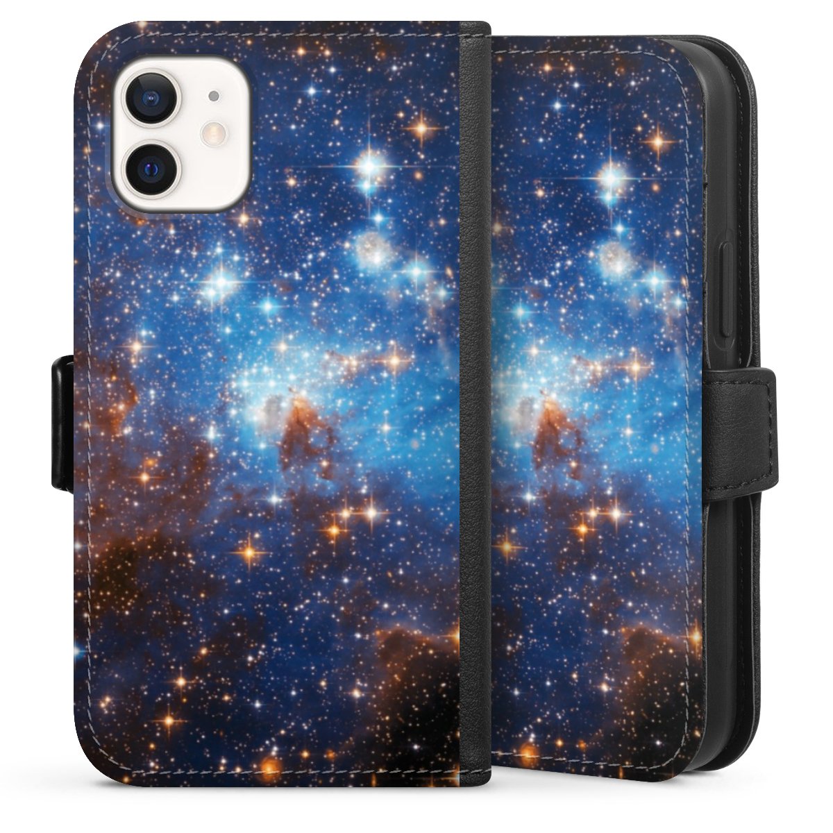 iPhone 12 mini Handy Klapphülle Handyhülle aus Kunst Leder schwarz Flip Case Star Weltall Galaxy Sideflip mit Lasche