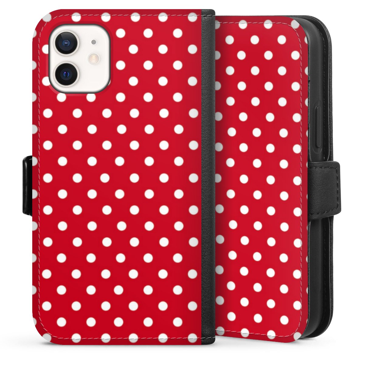 iPhone 12 mini Handy Klapphülle Handyhülle aus Kunst Leder schwarz Flip Case Points Polka Dots Retro Sideflip mit Lasche