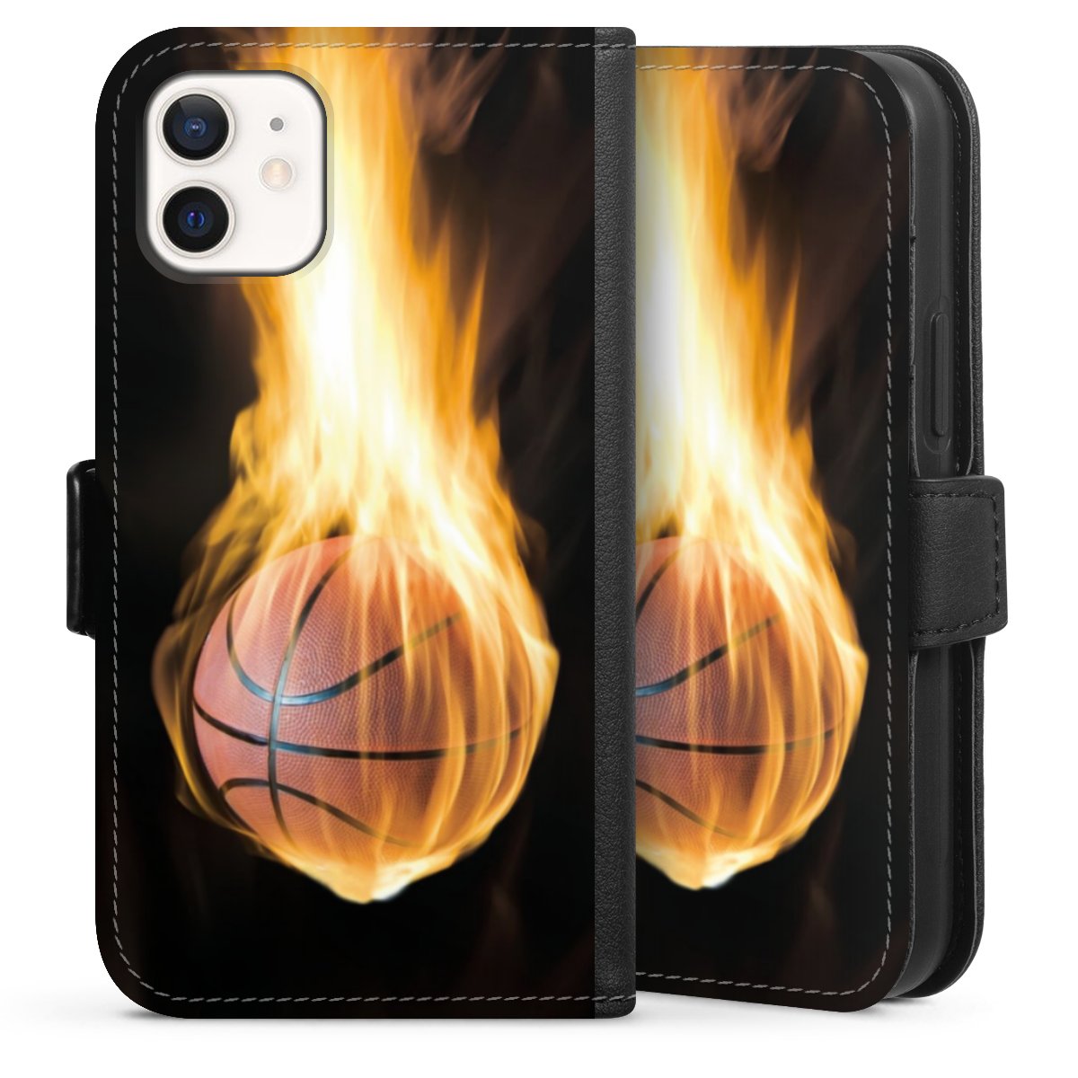 iPhone 12 mini Handy Klapphülle Handyhülle aus Kunst Leder schwarz Flip Case Basketball Sports Fire Sideflip mit Lasche