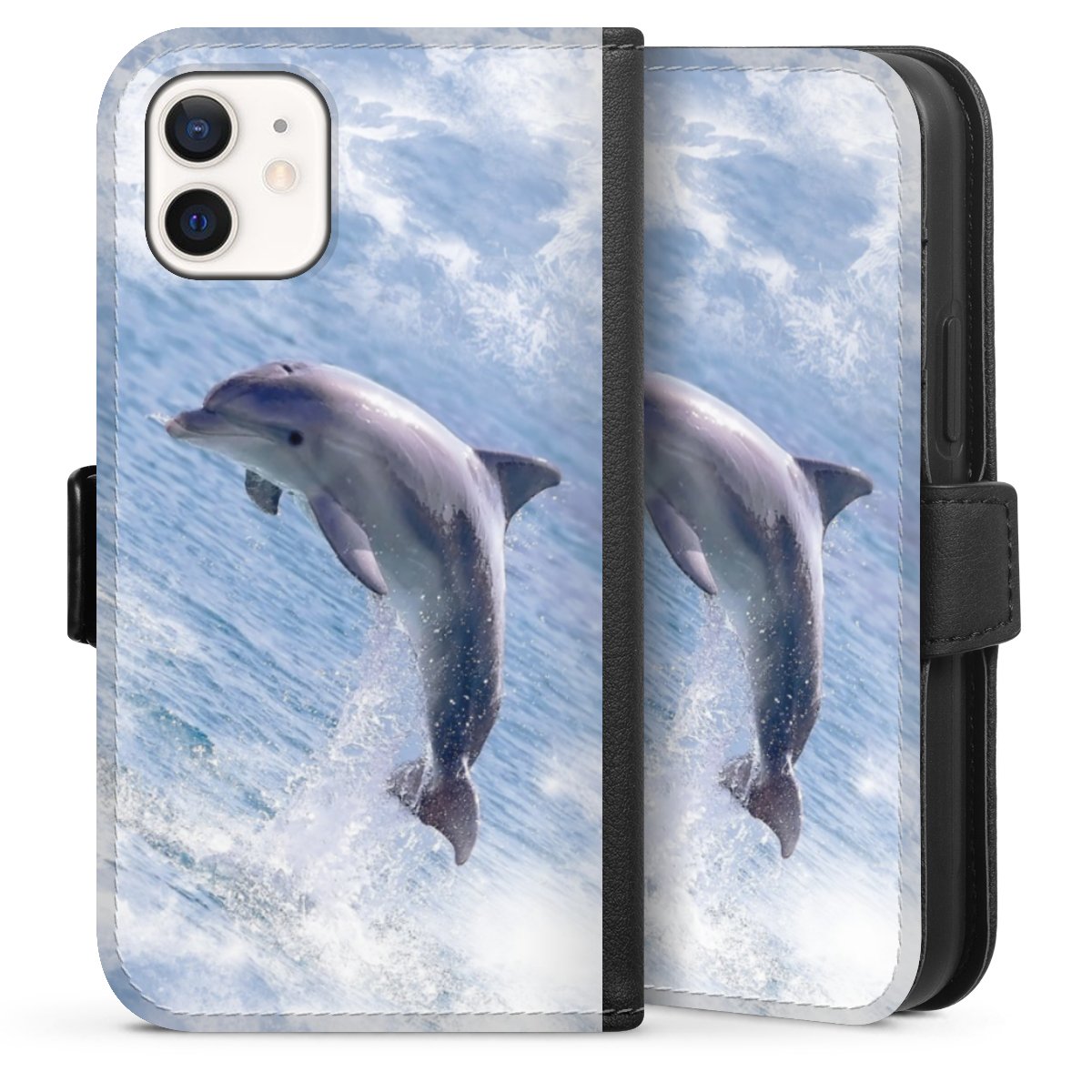 iPhone 12 mini Handy Klapphülle Handyhülle aus Kunst Leder schwarz Flip Case Dolphin Ocean Wale Sideflip mit Lasche