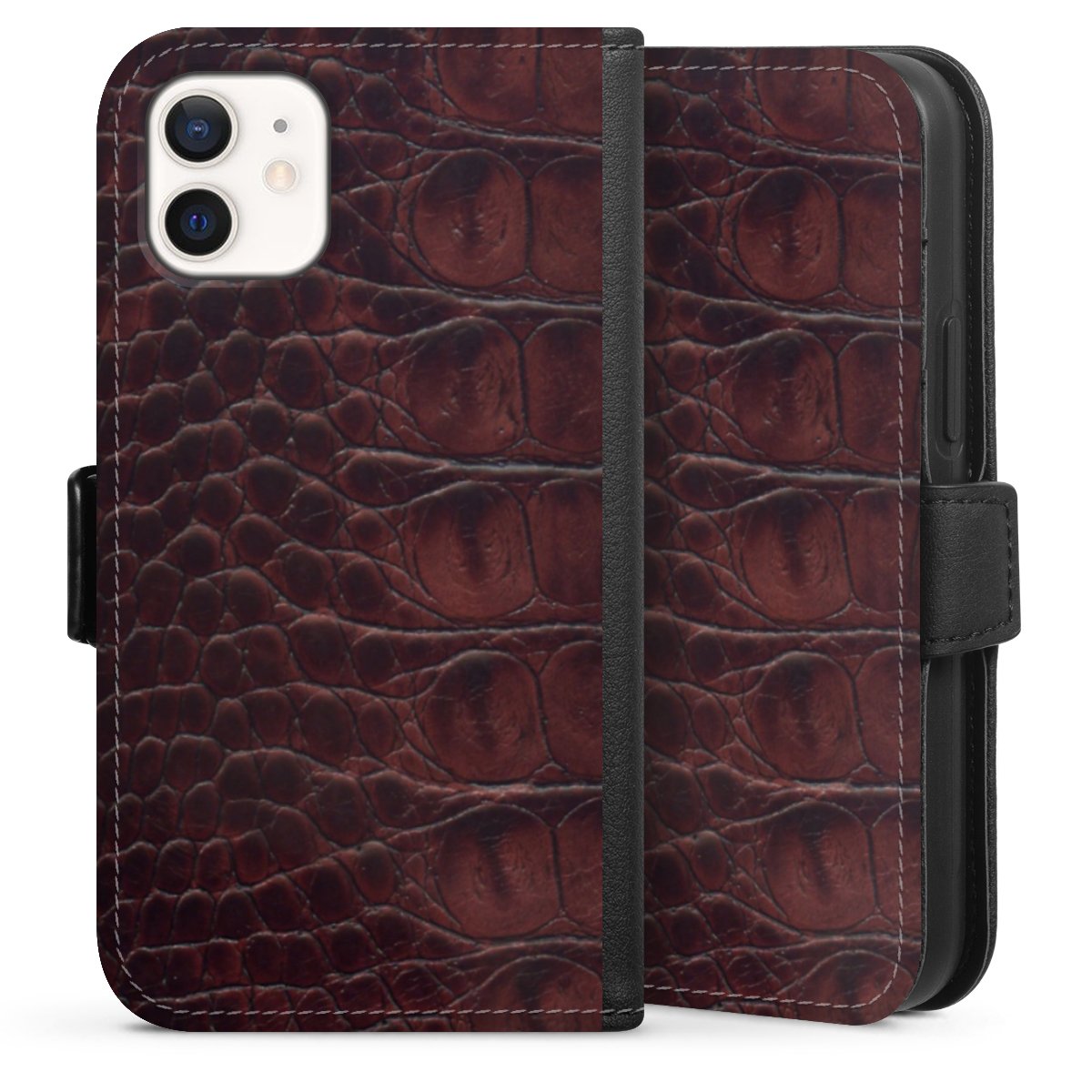 iPhone 12 mini Handy Klapphülle Handyhülle aus Kunst Leder schwarz Flip Case Crocodile Animal Print Leather Sideflip mit Lasche