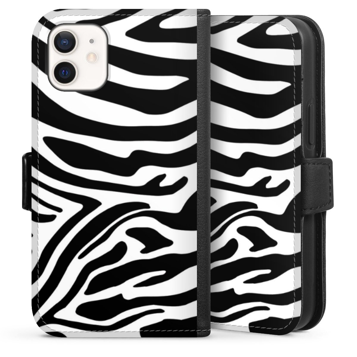 iPhone 12 mini Handy Klapphülle Handyhülle aus Kunst Leder schwarz Flip Case Zebra Animal Look Animal Print Sideflip mit Lasche