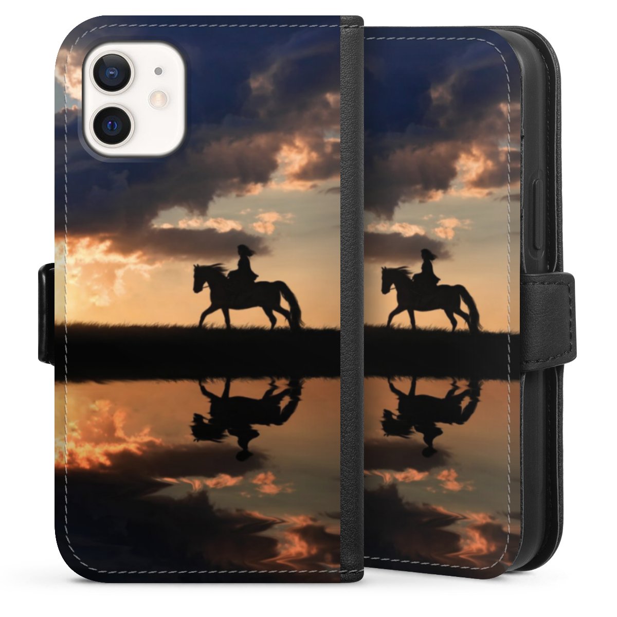 iPhone 12 mini Handy Klapphülle Handyhülle aus Kunst Leder schwarz Flip Case Horse Sunset Horseback Riding Sideflip mit Lasche