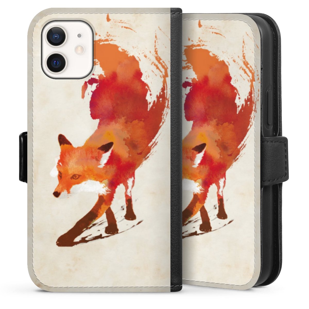 iPhone 12 mini Handy Klapphülle Handyhülle aus Kunst Leder schwarz Flip Case Fox Graphic Sideflip mit Lasche