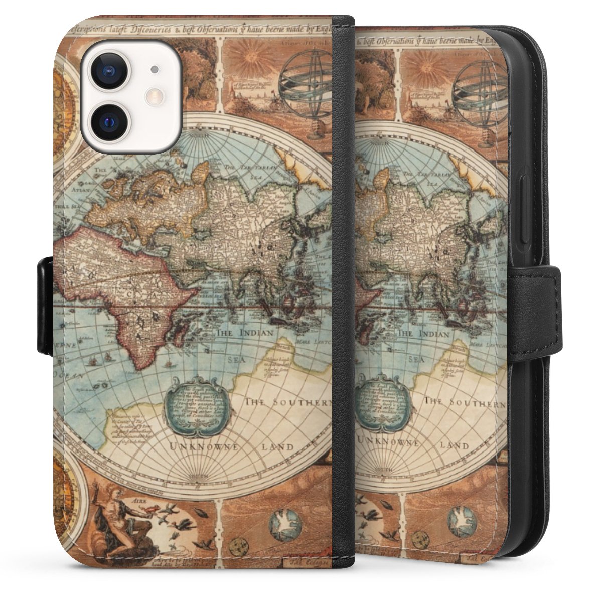 iPhone 12 mini Handy Klapphülle Handyhülle aus Kunst Leder schwarz Flip Case World Map Vintage Map Sideflip mit Lasche