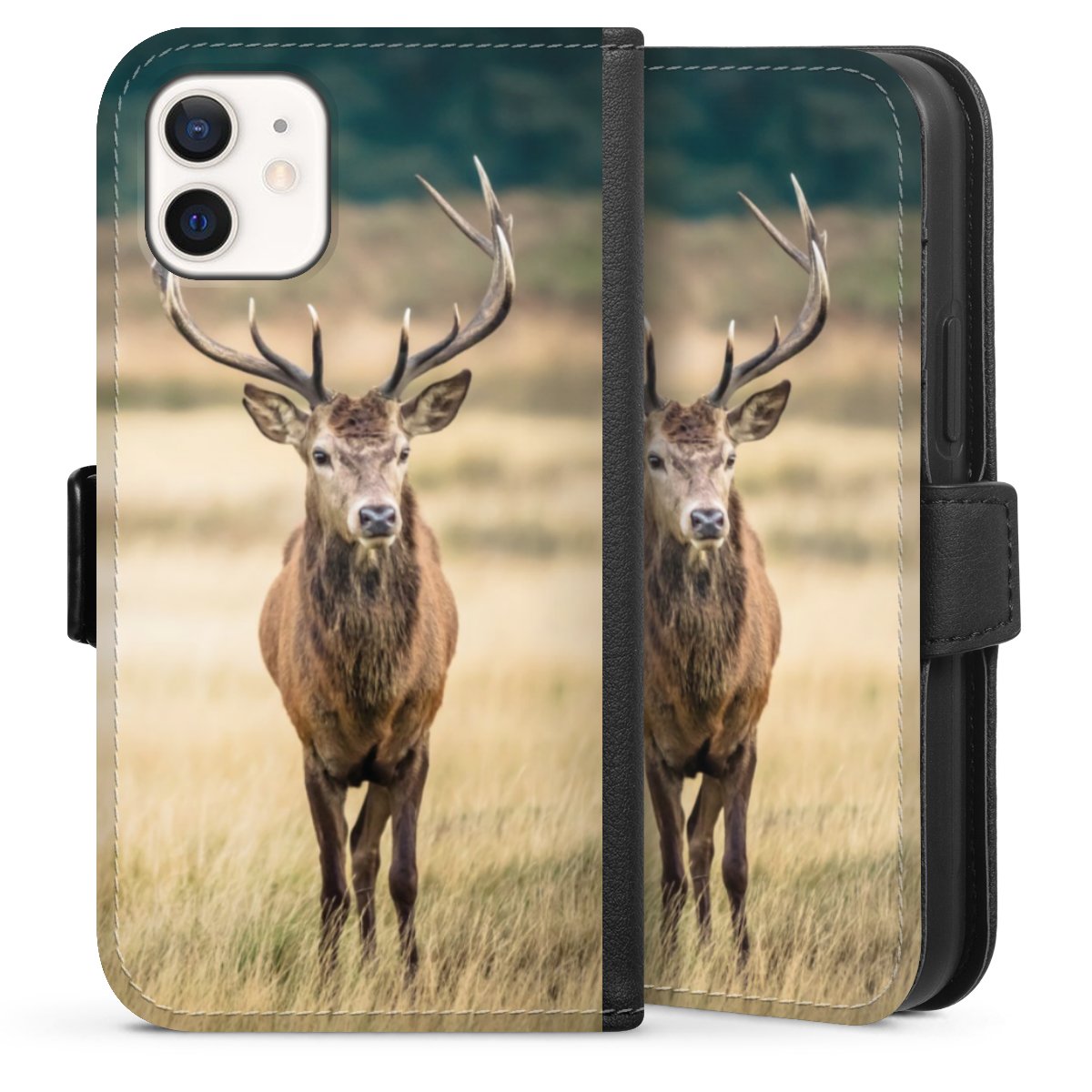 iPhone 12 mini Handy Klapphülle Handyhülle aus Kunst Leder schwarz Flip Case Deer Meadow Forrest Sideflip mit Lasche