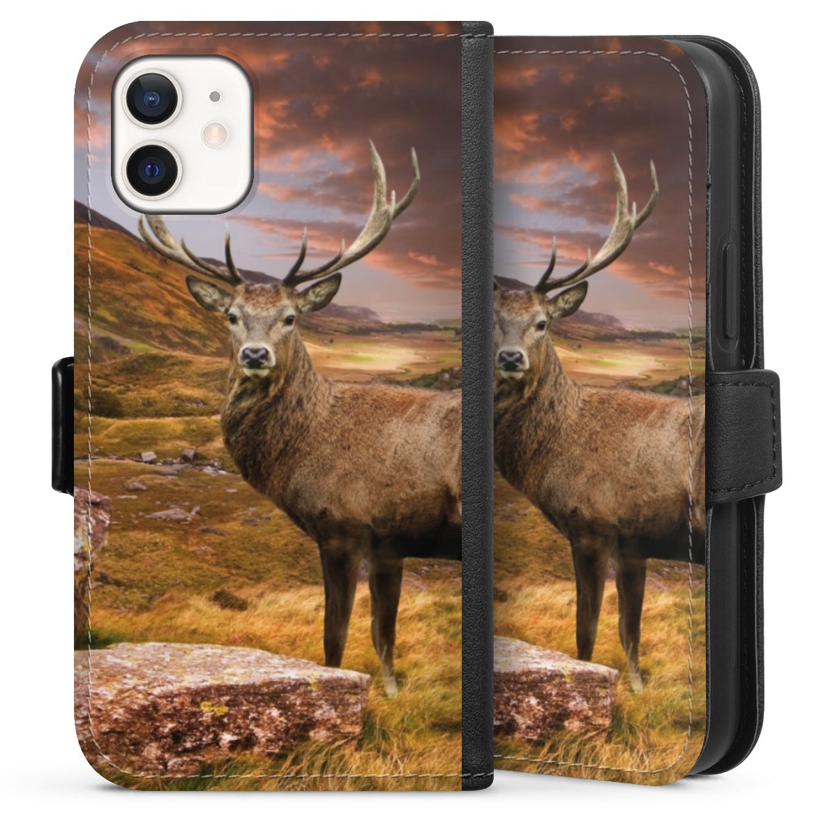 iPhone 12 mini Handy Klapphülle Handyhülle aus Kunst Leder schwarz Flip Case Meadow Mountain Deer Sideflip mit Lasche