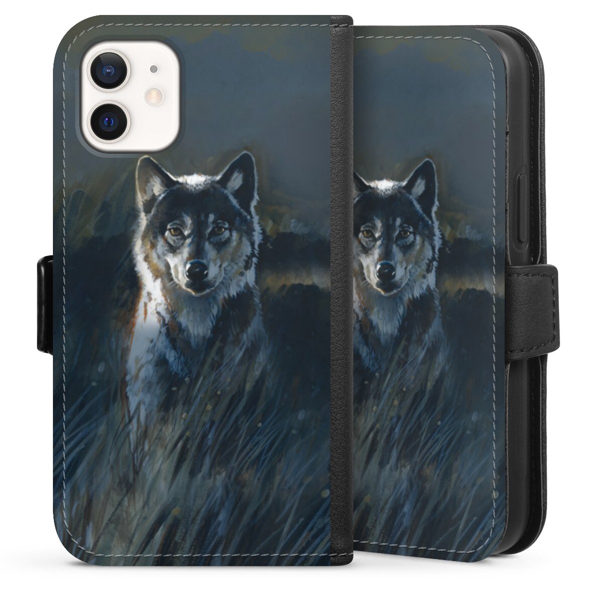 iPhone 12 mini Handy Klapphülle Handyhülle aus Kunst Leder schwarz Flip Case Nature Wolf Painting Sideflip mit Lasche