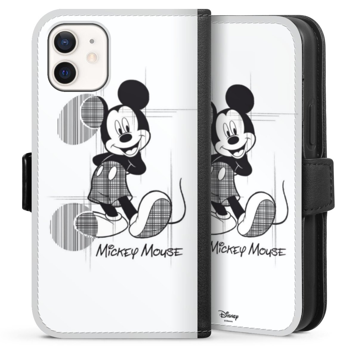 iPhone 12 mini Handy Klapphülle Handyhülle aus Kunst Leder schwarz Flip Case Disney Official Licensed Product Mickey Mouse Sideflip mit Lasche