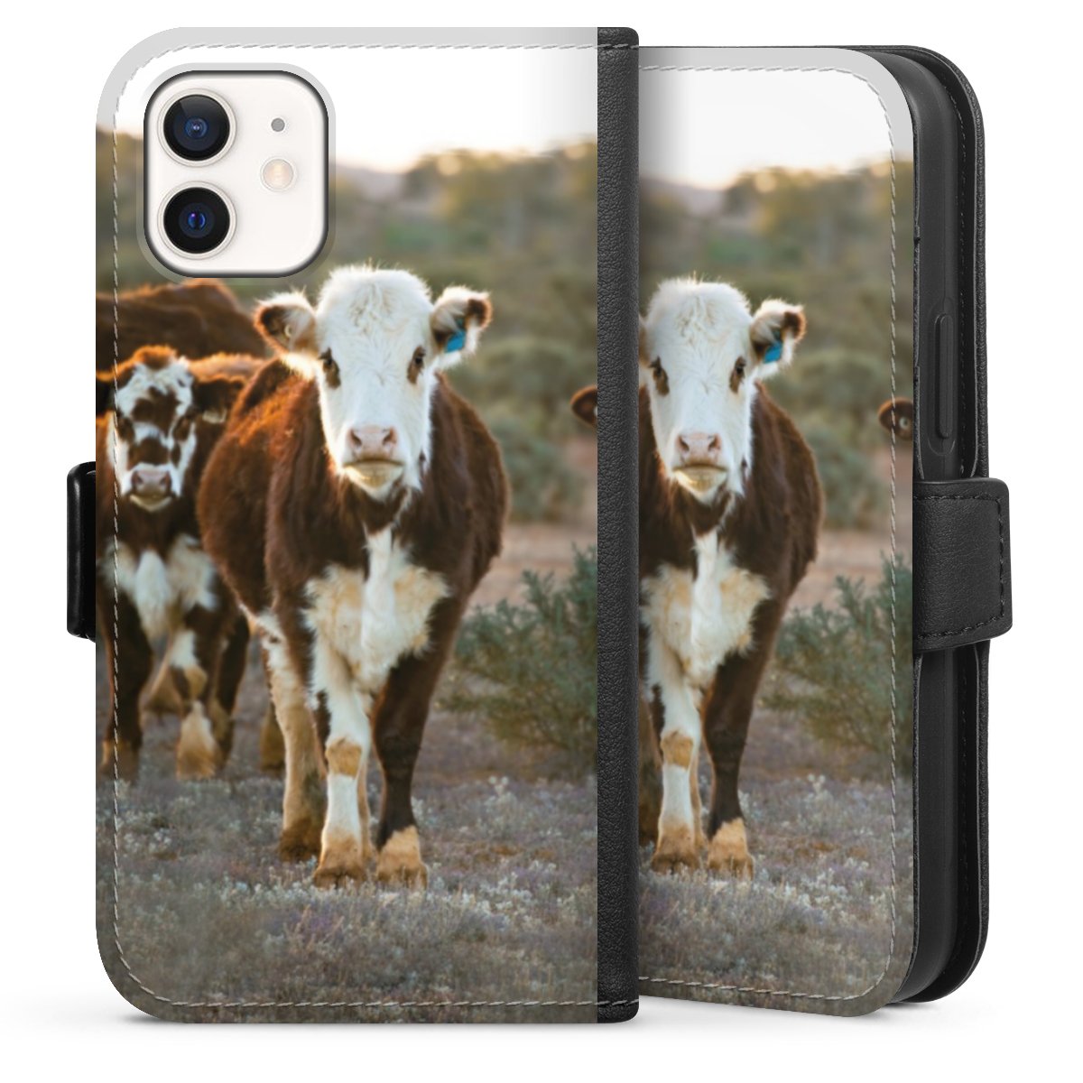 iPhone 12 mini Handy Klapphülle Handyhülle aus Kunst Leder schwarz Flip Case Cow Farmer Calf Sideflip mit Lasche