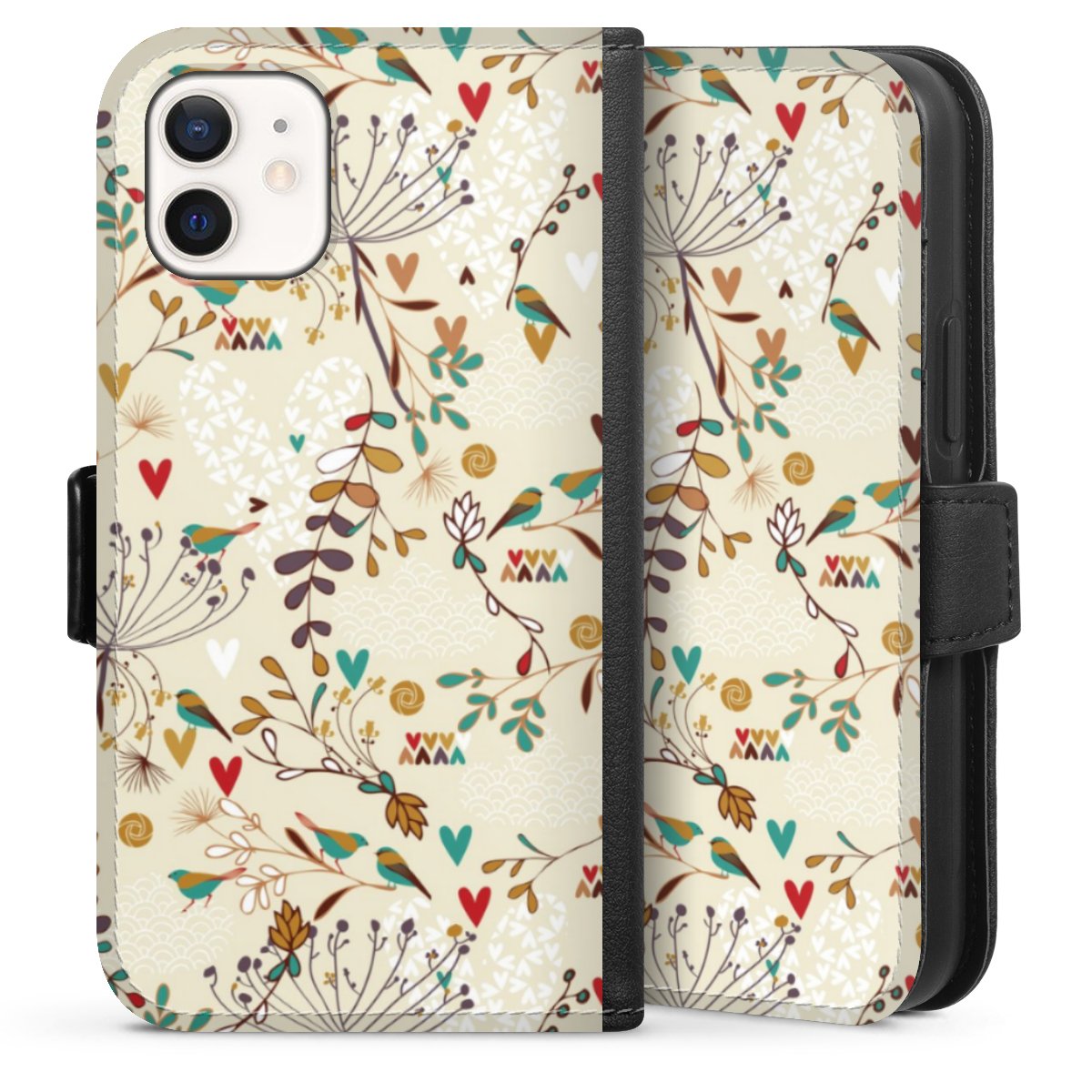 iPhone 12 mini Handy Klapphülle Handyhülle aus Kunst Leder schwarz Flip Case Bird Flowers Retro Sideflip mit Lasche