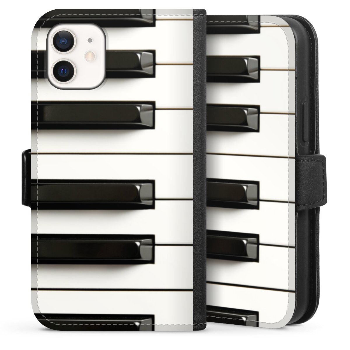 iPhone 12 mini Handy Klapphülle Handyhülle aus Kunst Leder schwarz Flip Case Klavier Piano Music Sideflip mit Lasche