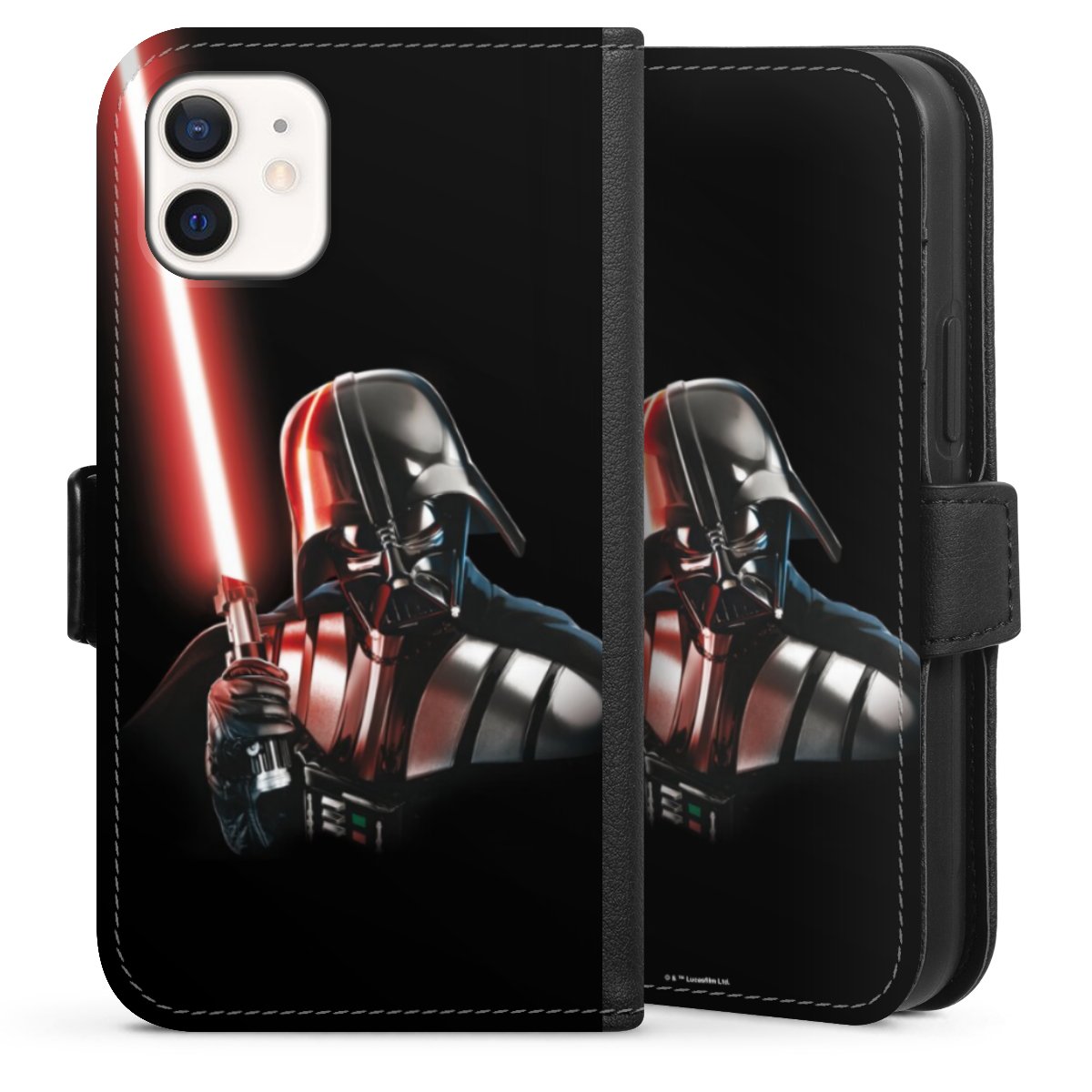 iPhone 12 mini Handy Klapphülle Handyhülle aus Kunst Leder schwarz Flip Case Star Wars Merchandise Darth Vader Sideflip mit Lasche