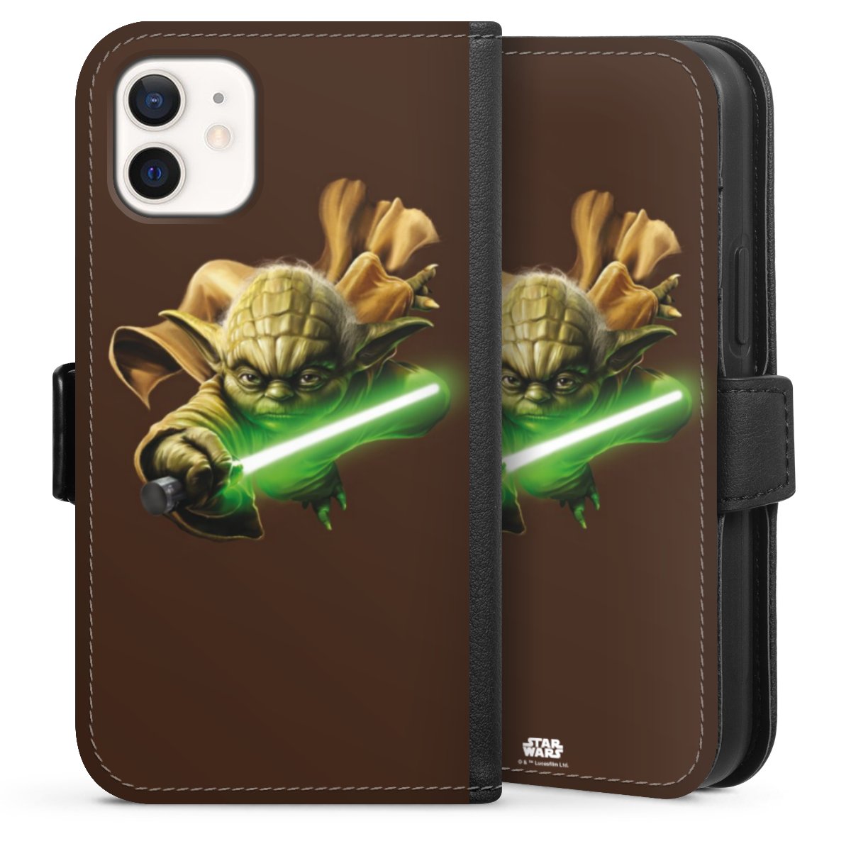 iPhone 12 mini Handy Klapphülle Handyhülle aus Kunst Leder schwarz Flip Case Yoda Merchandise Star Wars Sideflip mit Lasche