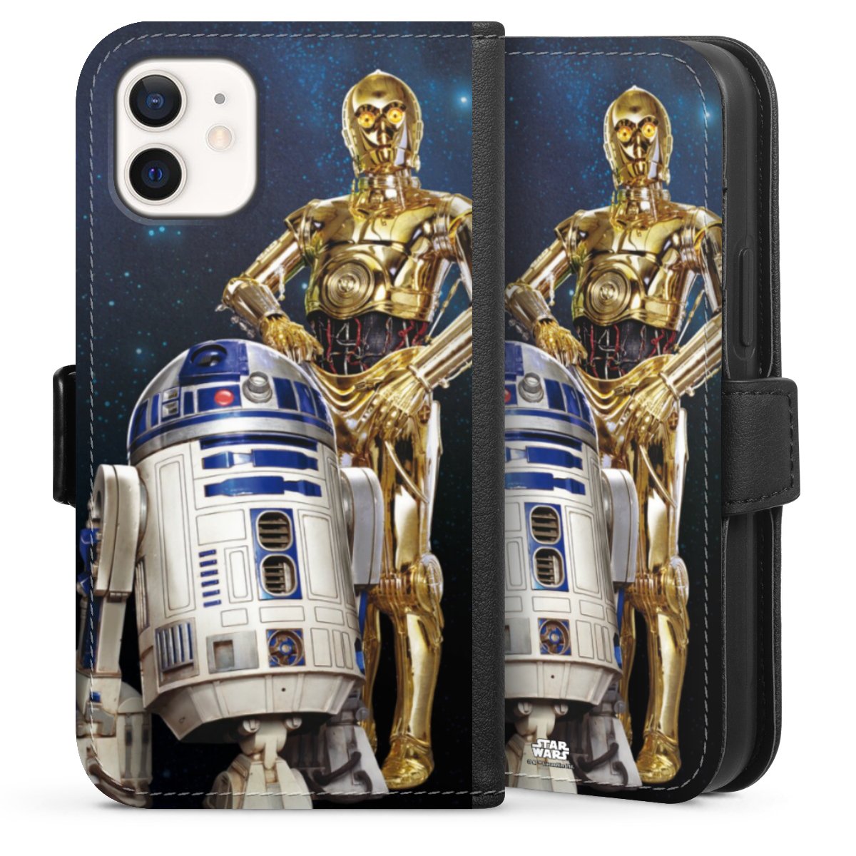 iPhone 12 mini Handy Klapphülle Handyhülle aus Kunst Leder schwarz Flip Case Weltall Star Wars R2d2 Sideflip mit Lasche