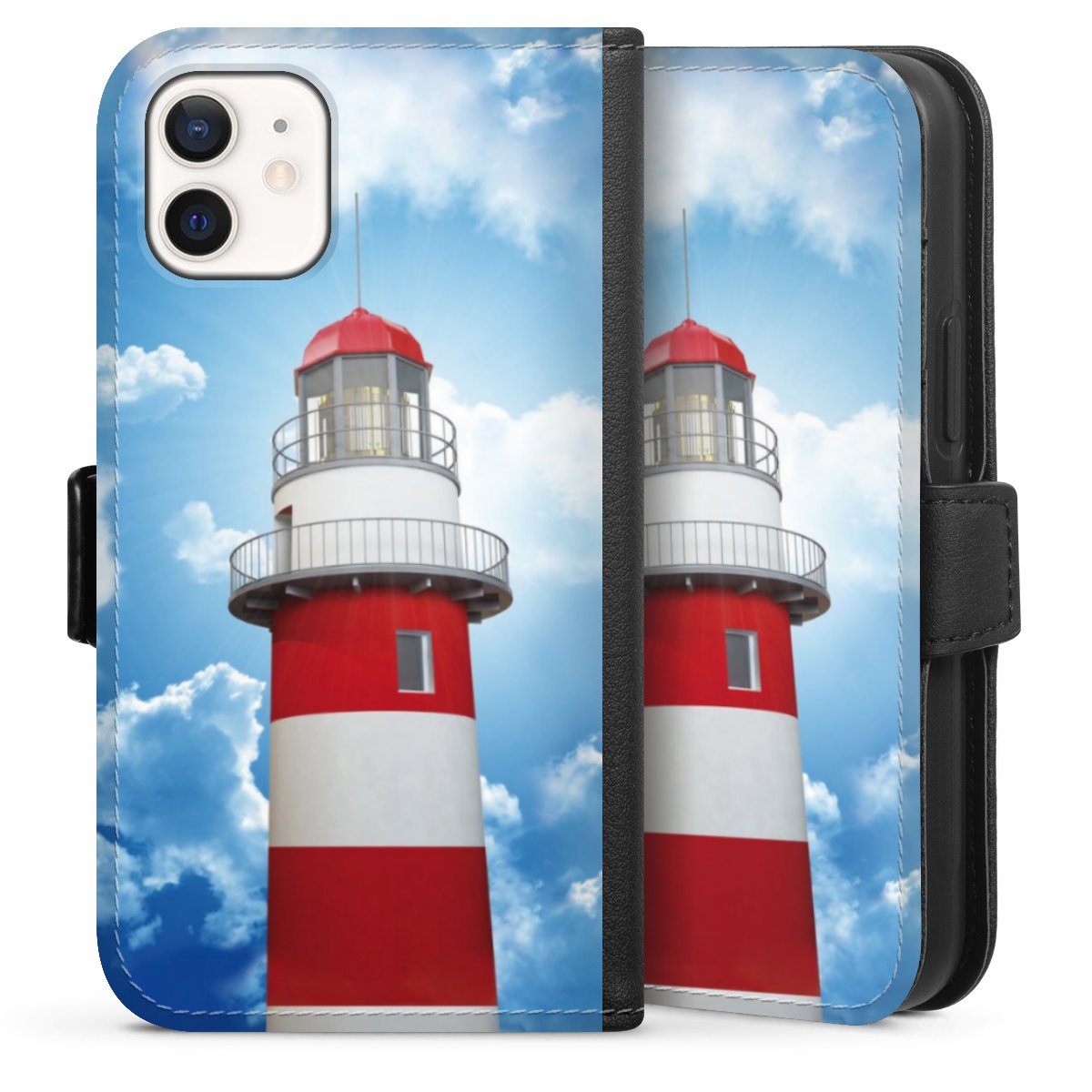 iPhone 12 mini Handy Klapphülle Handyhülle aus Kunst Leder schwarz Flip Case Lighthouse Sky Cloud Sideflip mit Lasche