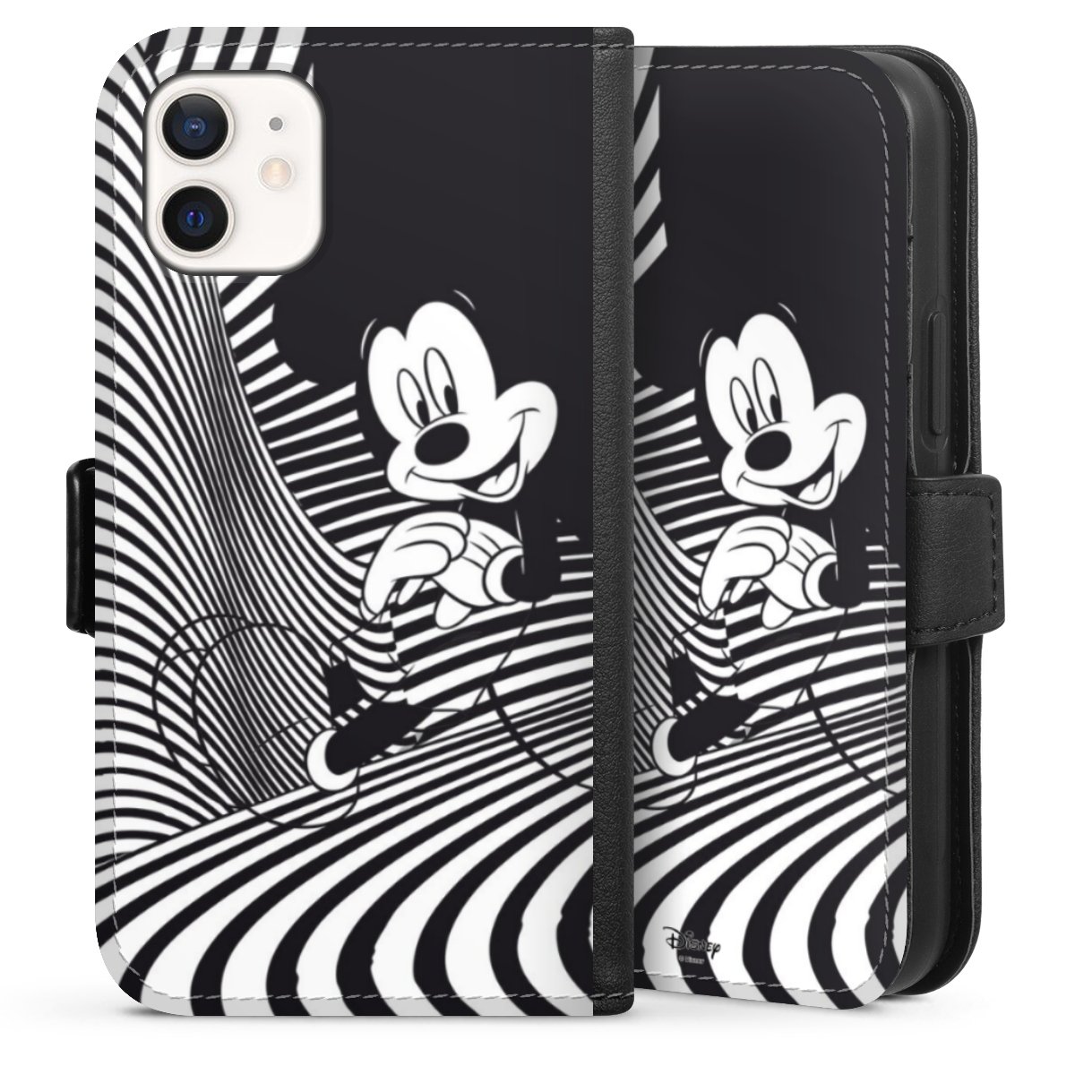 iPhone 12 mini Handy Klapphülle Handyhülle aus Kunst Leder schwarz Flip Case Disney Official Licensed Product Mickey Mouse Sideflip mit Lasche