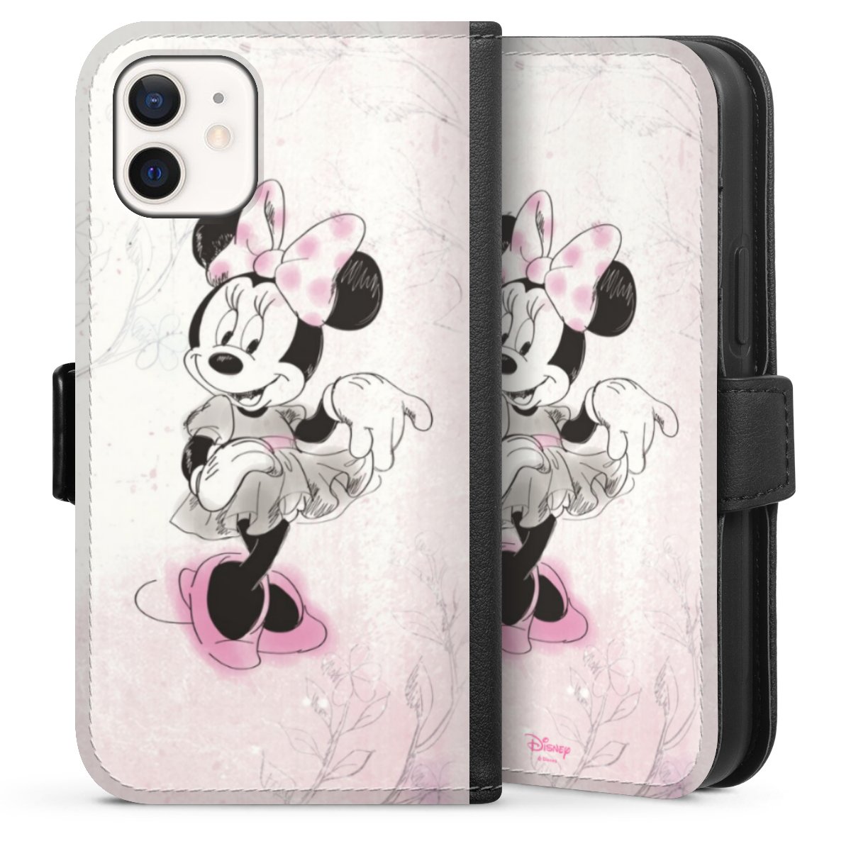 iPhone 12 mini Handy Klapphülle Handyhülle aus Kunst Leder schwarz Flip Case Disney Minnie Mouse Vintage Sideflip mit Lasche