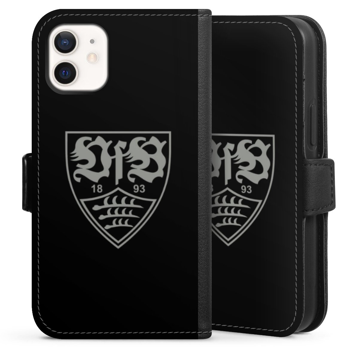 iPhone 12 mini Handy Klapphülle Handyhülle aus Kunst Leder schwarz Flip Case Official Licensed Product Vfb Stuttgart Sideflip mit Lasche