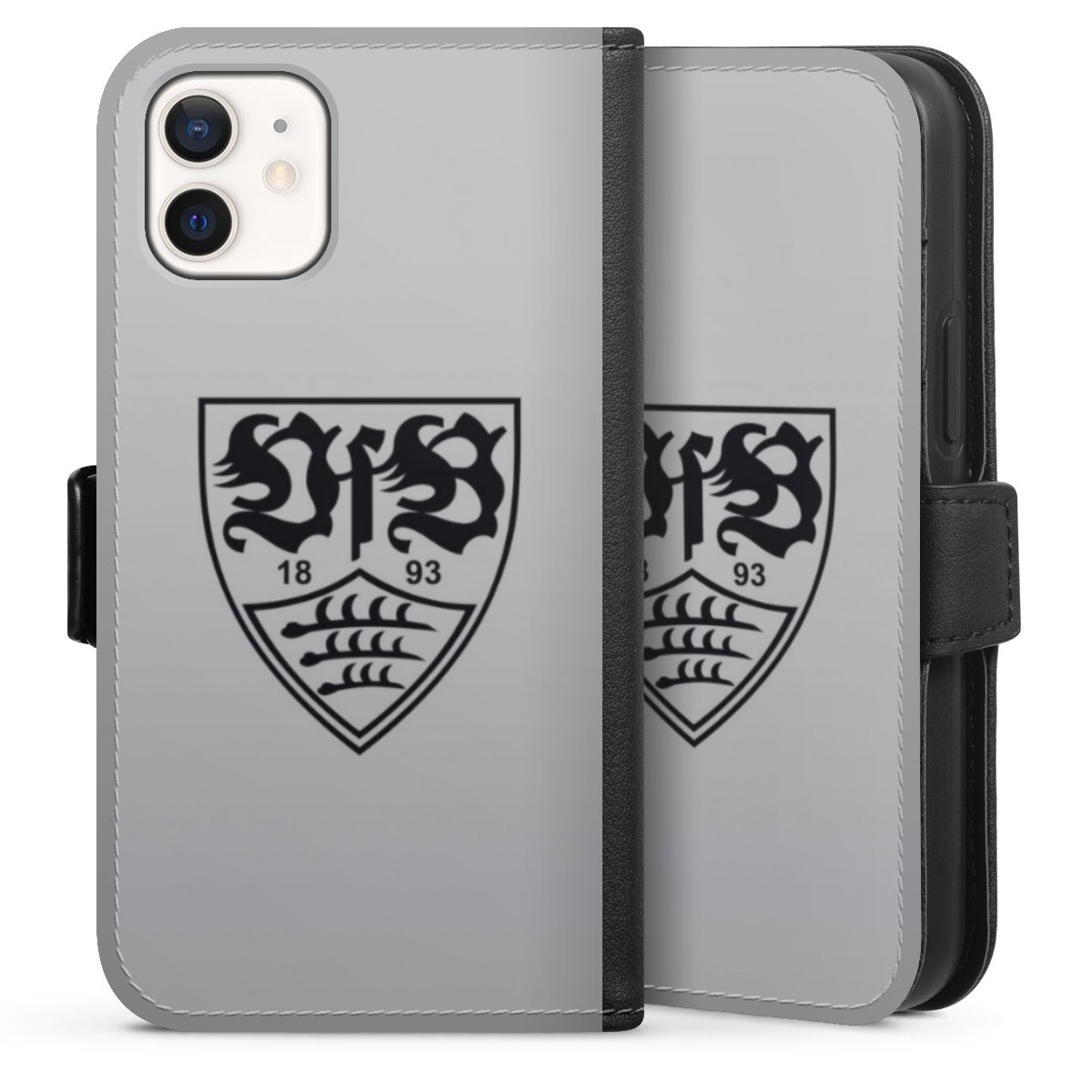 iPhone 12 mini Handy Klapphülle Handyhülle aus Kunst Leder schwarz Flip Case Logo Vfb Stuttgart Official Licensed Product Sideflip mit Lasche