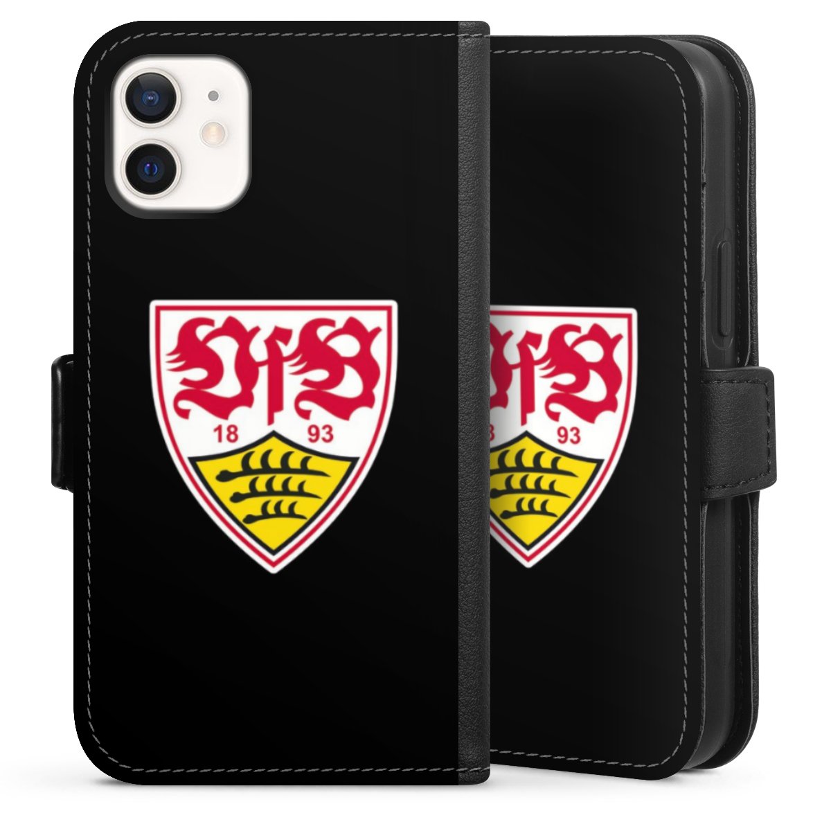 iPhone 12 mini Handy Klapphülle Handyhülle aus Kunst Leder schwarz Flip Case Vfb Stuttgart Official Licensed Product Coat Of Arms Sideflip mit Lasche