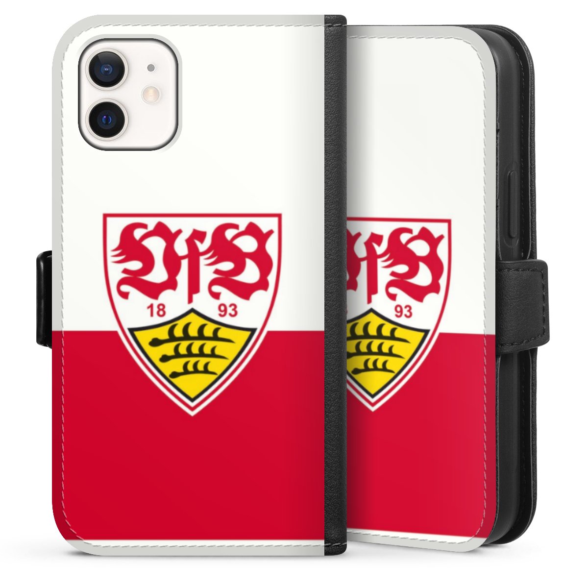 iPhone 12 mini Handy Klapphülle Handyhülle aus Kunst Leder schwarz Flip Case Official Licensed Product Logo Vfb Stuttgart Sideflip mit Lasche