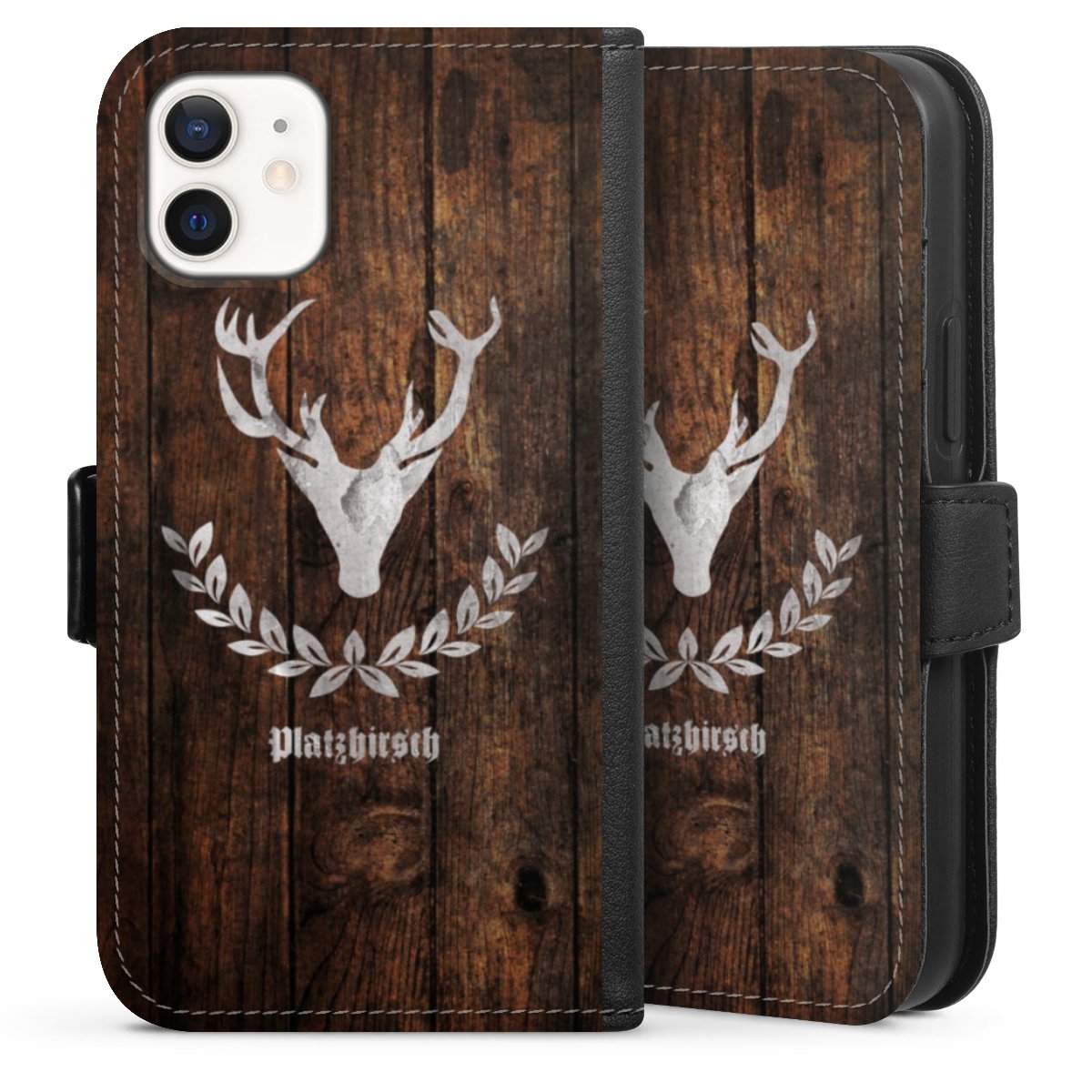 iPhone 12 mini Handy Klapphülle Handyhülle aus Kunst Leder schwarz Flip Case Deer Wood Wooden Look Sideflip mit Lasche