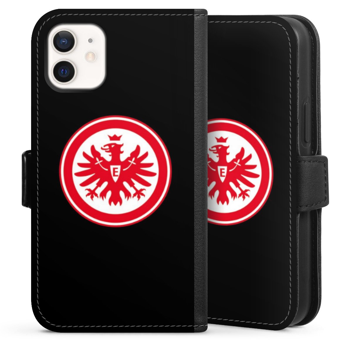 iPhone 12 mini Handy Klapphülle Handyhülle aus Kunst Leder schwarz Flip Case Eintracht Frankfurt Sge Eagle Sideflip mit Lasche